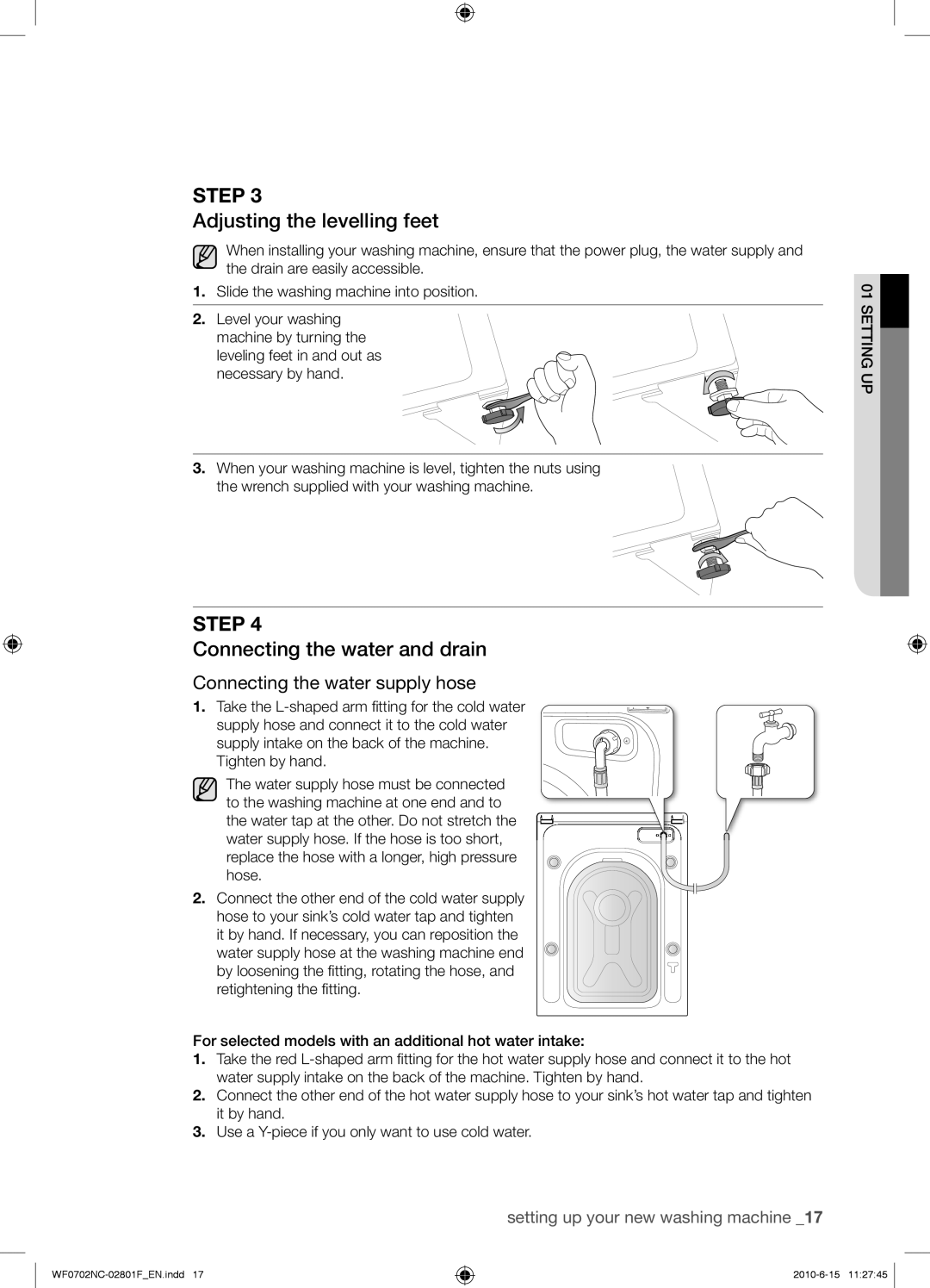 Samsung WF0600NCE/YL, WF0500NCW/YL, WF0500NCE/YL, WF0600NCW/YL Adjusting the levelling feet, Connecting the water and drain 