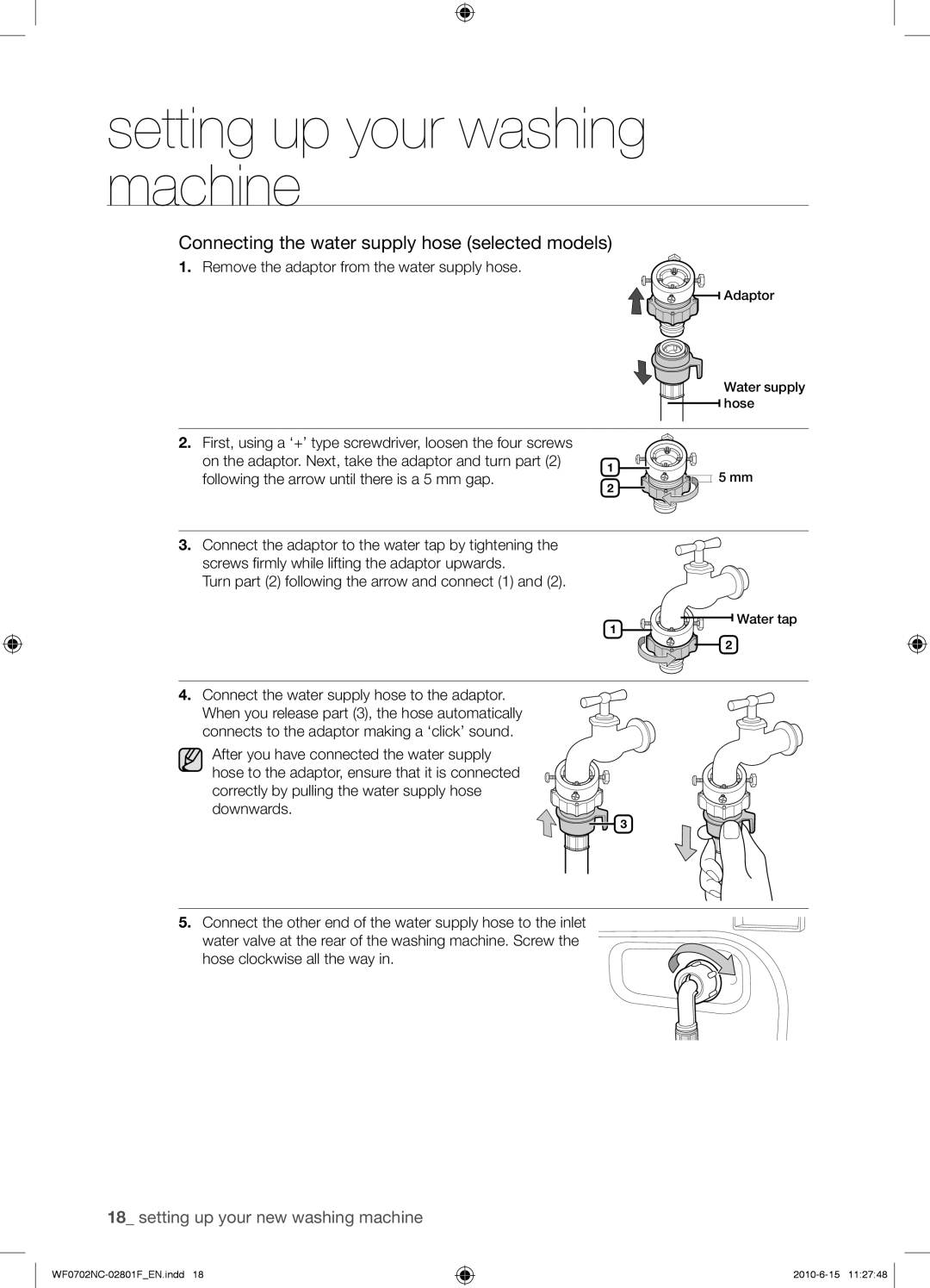 Samsung WF0500NCE/YL manual Connecting the water supply hose selected models, Remove the adaptor from the water supply hose 