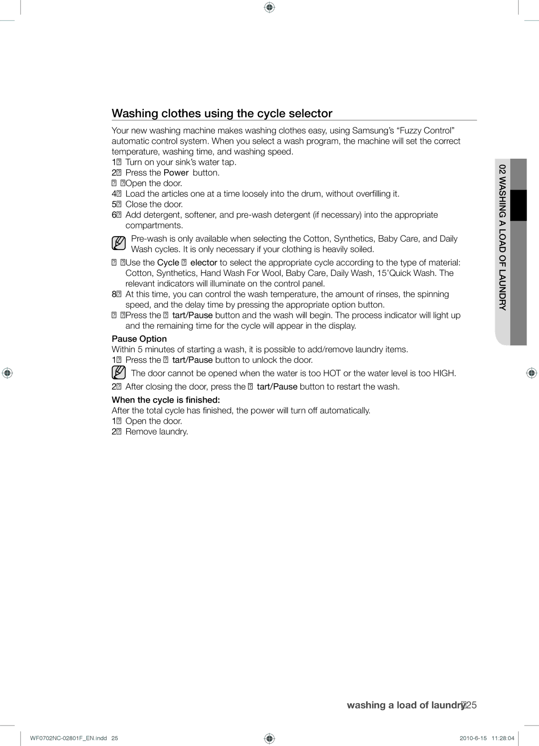 Samsung WF0600NCE/YL, WF0500NCW/YL, WF0500NCE/YL, WF0600NCW/YL manual Washing clothes using the cycle selector 