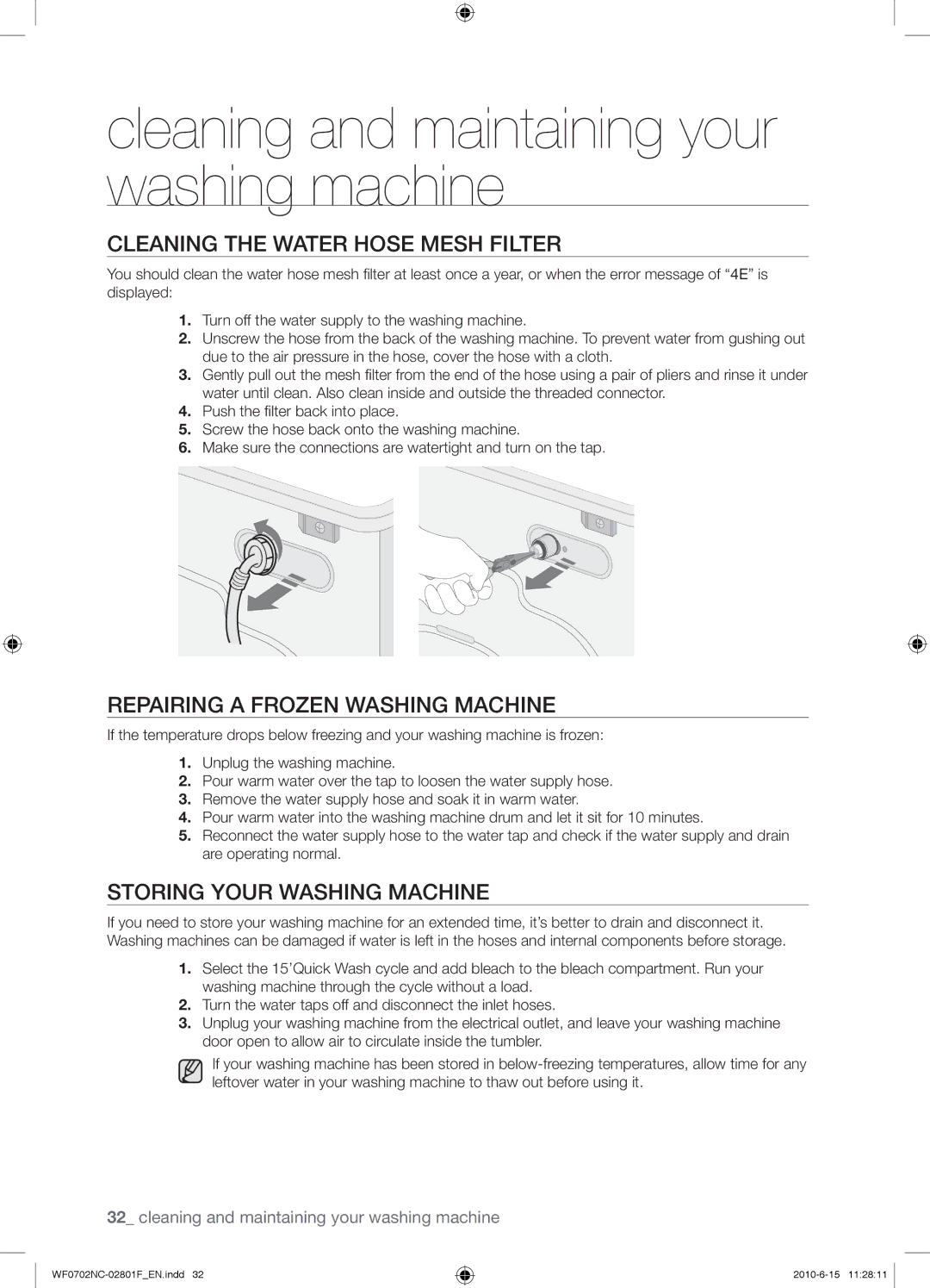 Samsung WF0500NCW/YL Cleaning the Water Hose Mesh Filter, Repairing a Frozen Washing Machine, Storing Your Washing Machine 