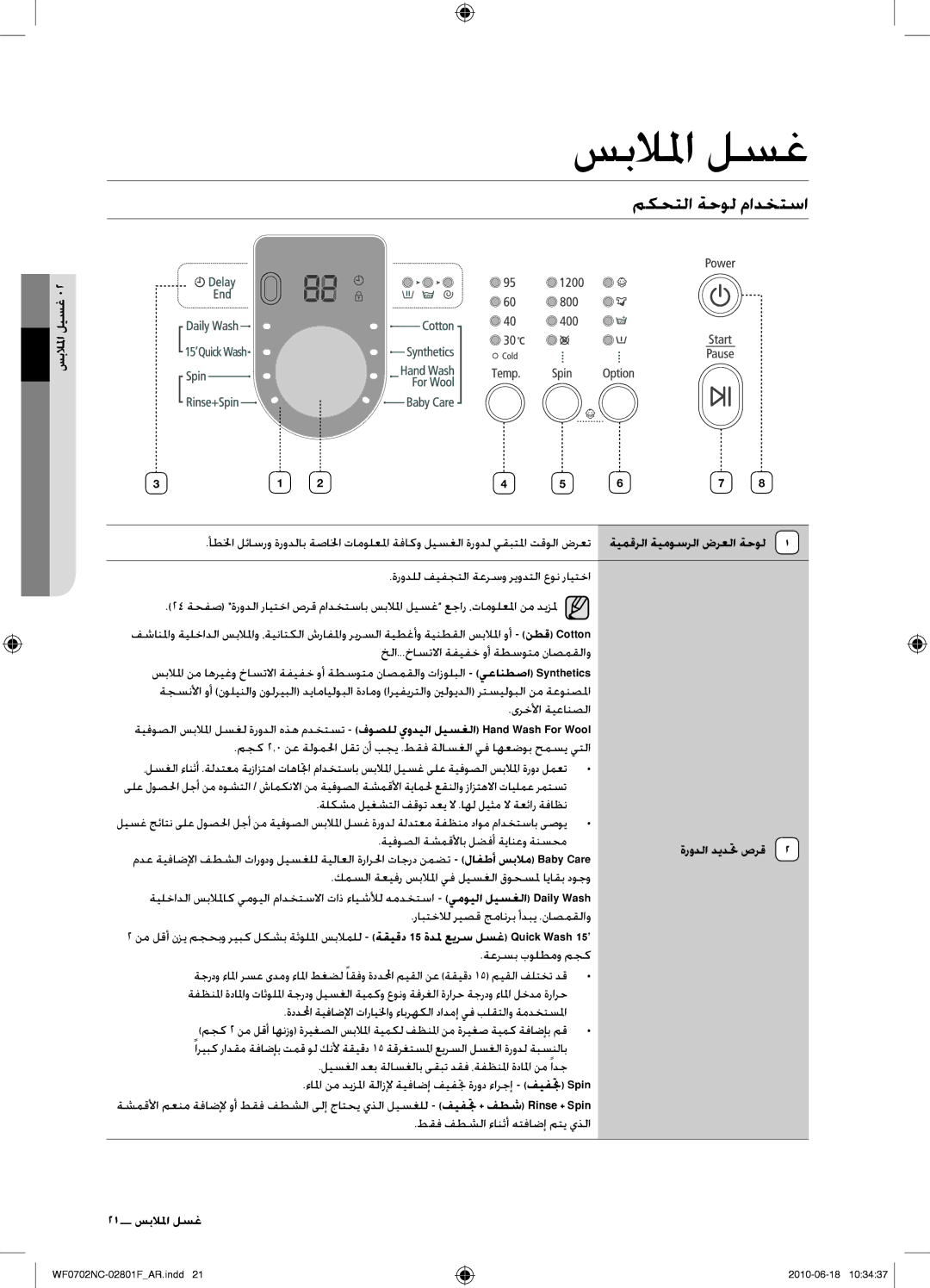 Samsung WF0600NCE/YL, WF0500NCW/YL, WF0500NCE/YL manual مكحتلا ةحول مادختسا, سبلالما ليسغ, ةرودلا ديدتح صرق, 21 غسل الملااغ 