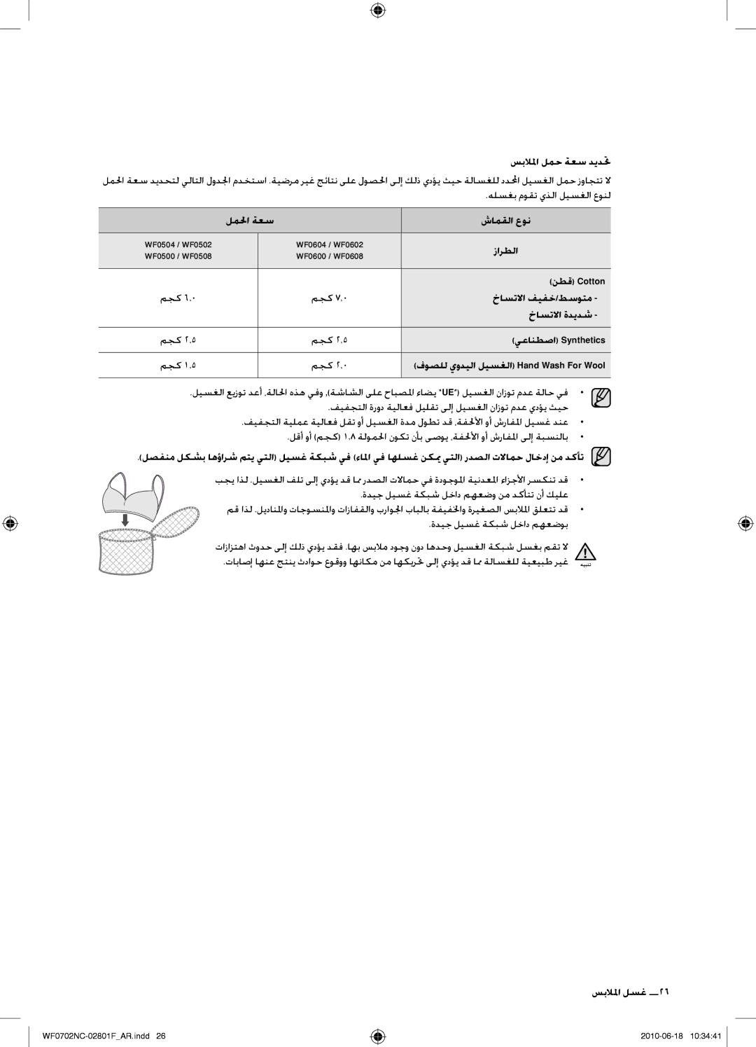 Samsung WF0500NCE/YL manual سبلالما لمح ةعس ديدتح, لملحا ةعس شامقلا عون, نطق Cotton, خاستلاا فيفخ/طسوتم, خاستلاا ةديدش 