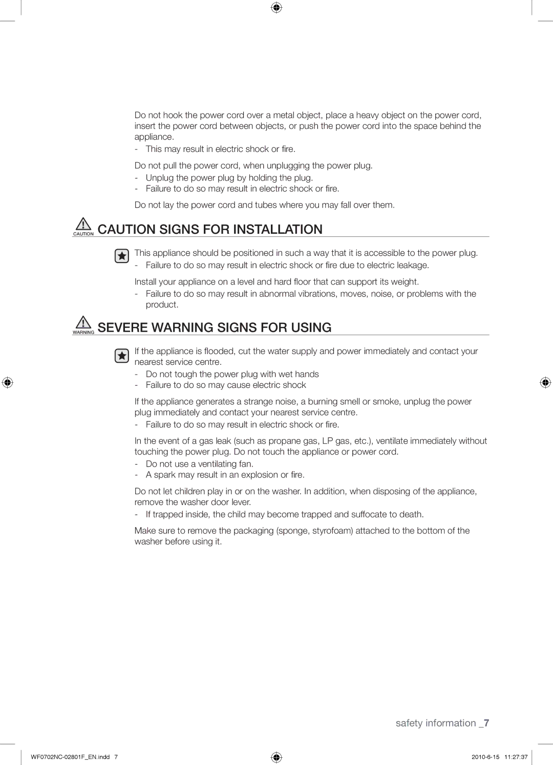 Samsung WF0600NCW/YL, WF0500NCW/YL, WF0600NCE/YL, WF0500NCE/YL manual Safety information 