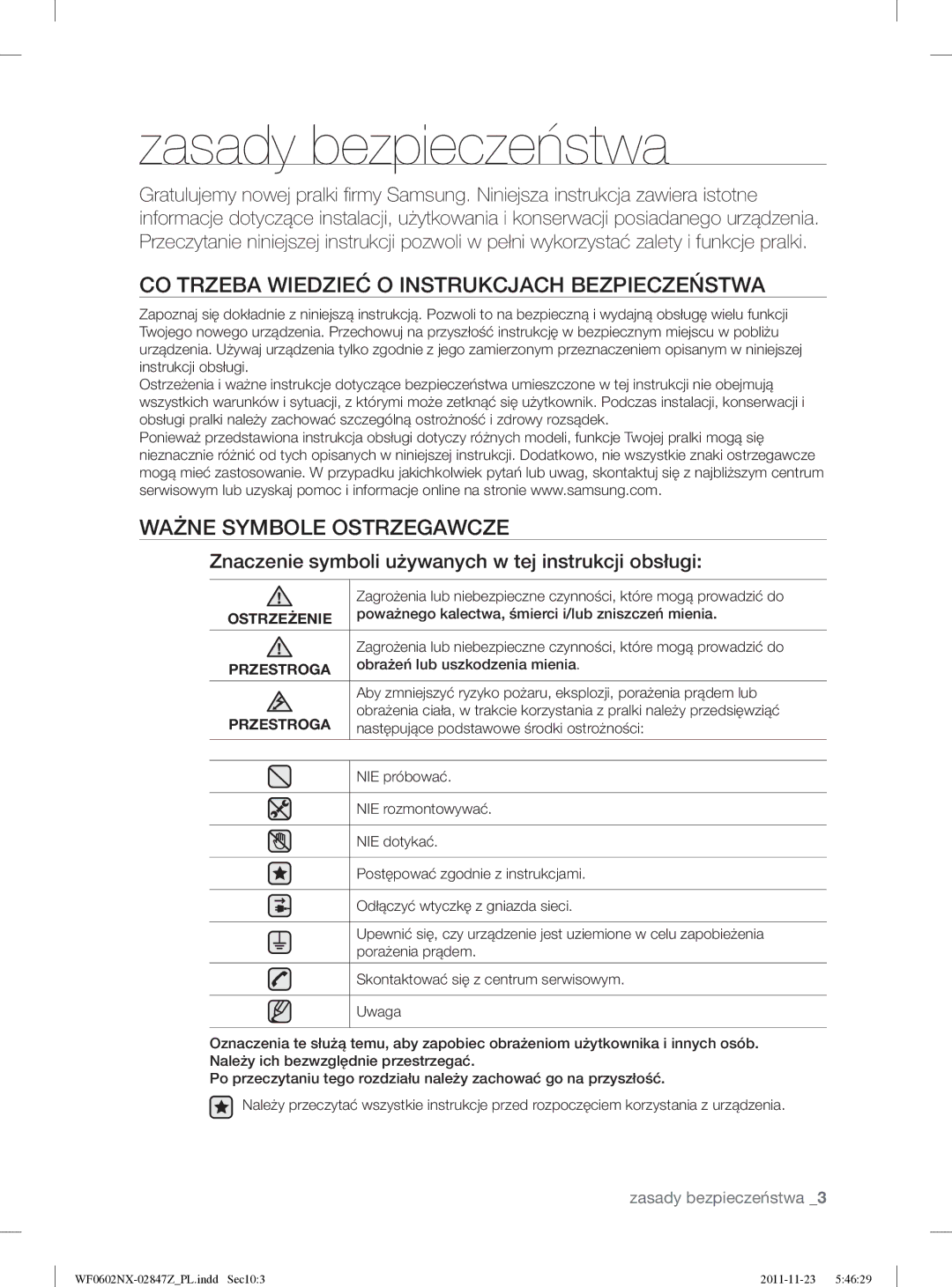 Samsung WF0500NUV/XEO Zasady bezpieczeństwa, CO Trzeba Wiedzieć O Instrukcjach Bezpieczeństwa, Ważne Symbole Ostrzegawcze 