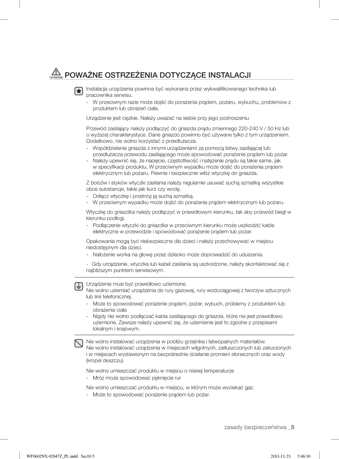 Samsung WF0500NUV/XEO manual Ostrzeżenie Poważne Ostrzeżenia Dotyczące Instalacji 