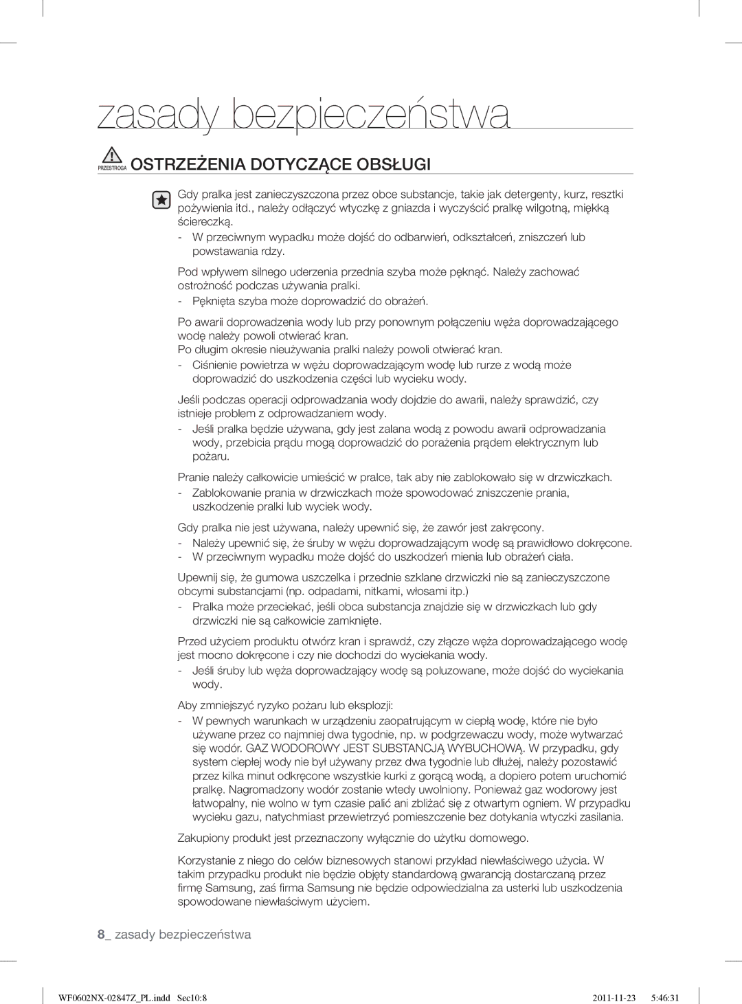 Samsung WF0500NUV/XEO manual Przestroga Ostrzeżenia Dotyczące Obsługi 