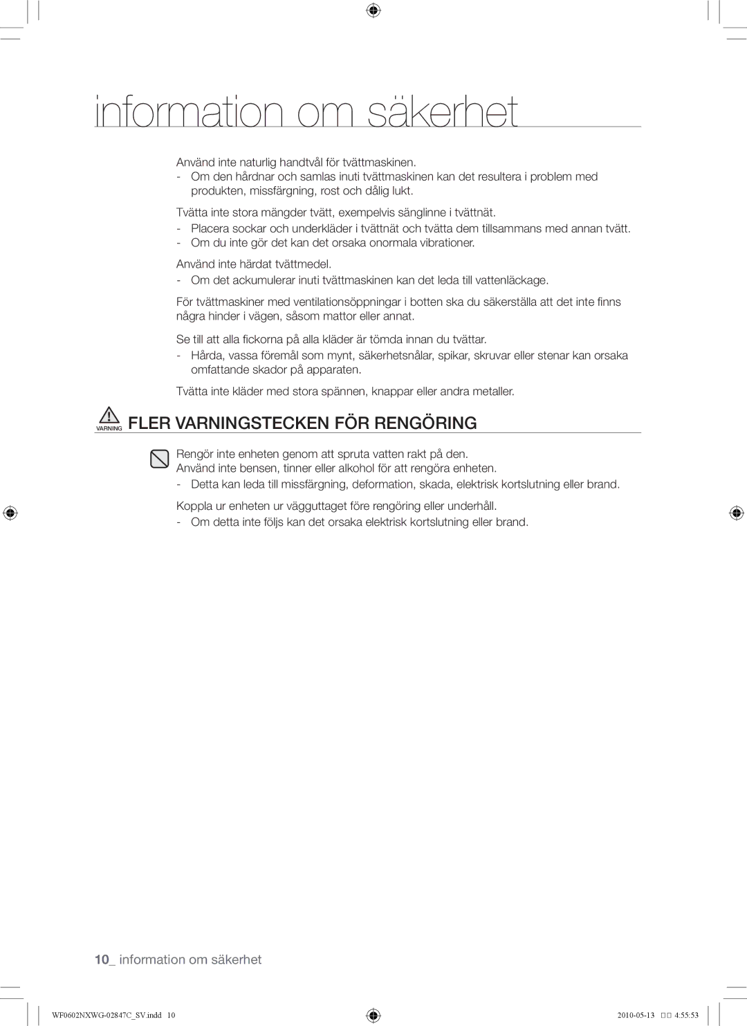 Samsung WF0500NXWG/XEE, WF0602NXWG/XEE manual Varning Fler Varningstecken FÖR Rengöring 