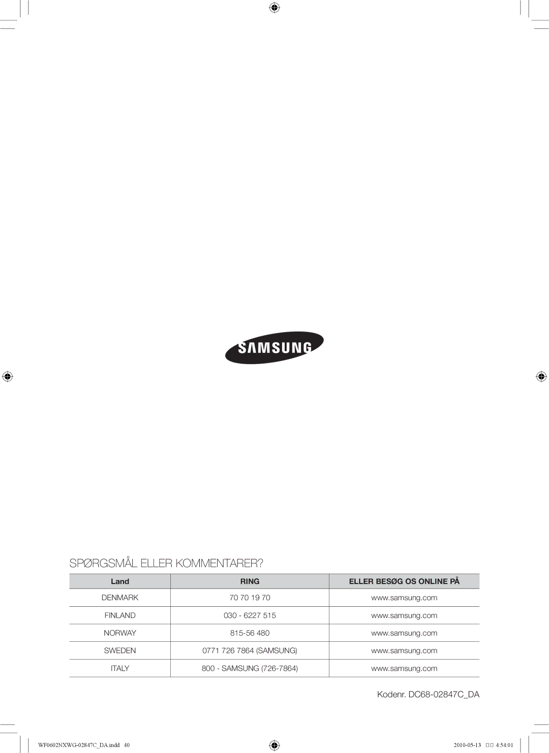 Samsung WF0500NXWG/XEE, WF0602NXWG/XEE manual Spørgsmål Eller KOMMENTARER? 