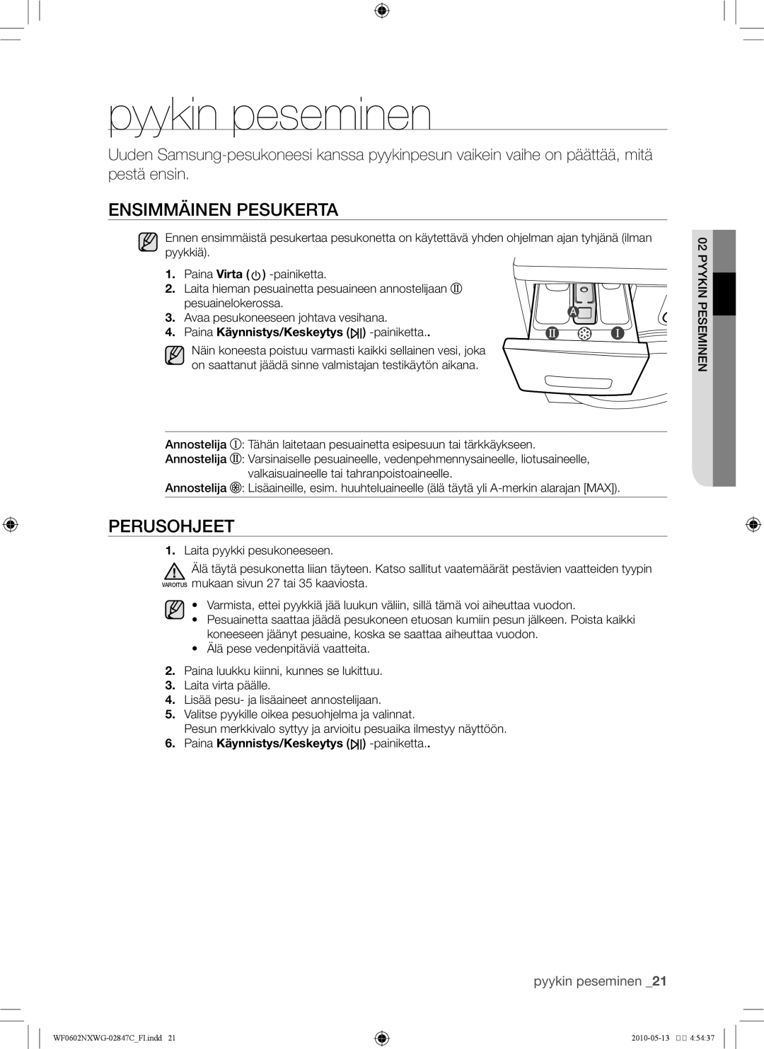 Samsung WF0602NXWG/XEE, WF0500NXWG/XEE manual Pyykin peseminen, Ensimmäinen pesukerta, Perusohjeet, Eminens pink Pyy02 