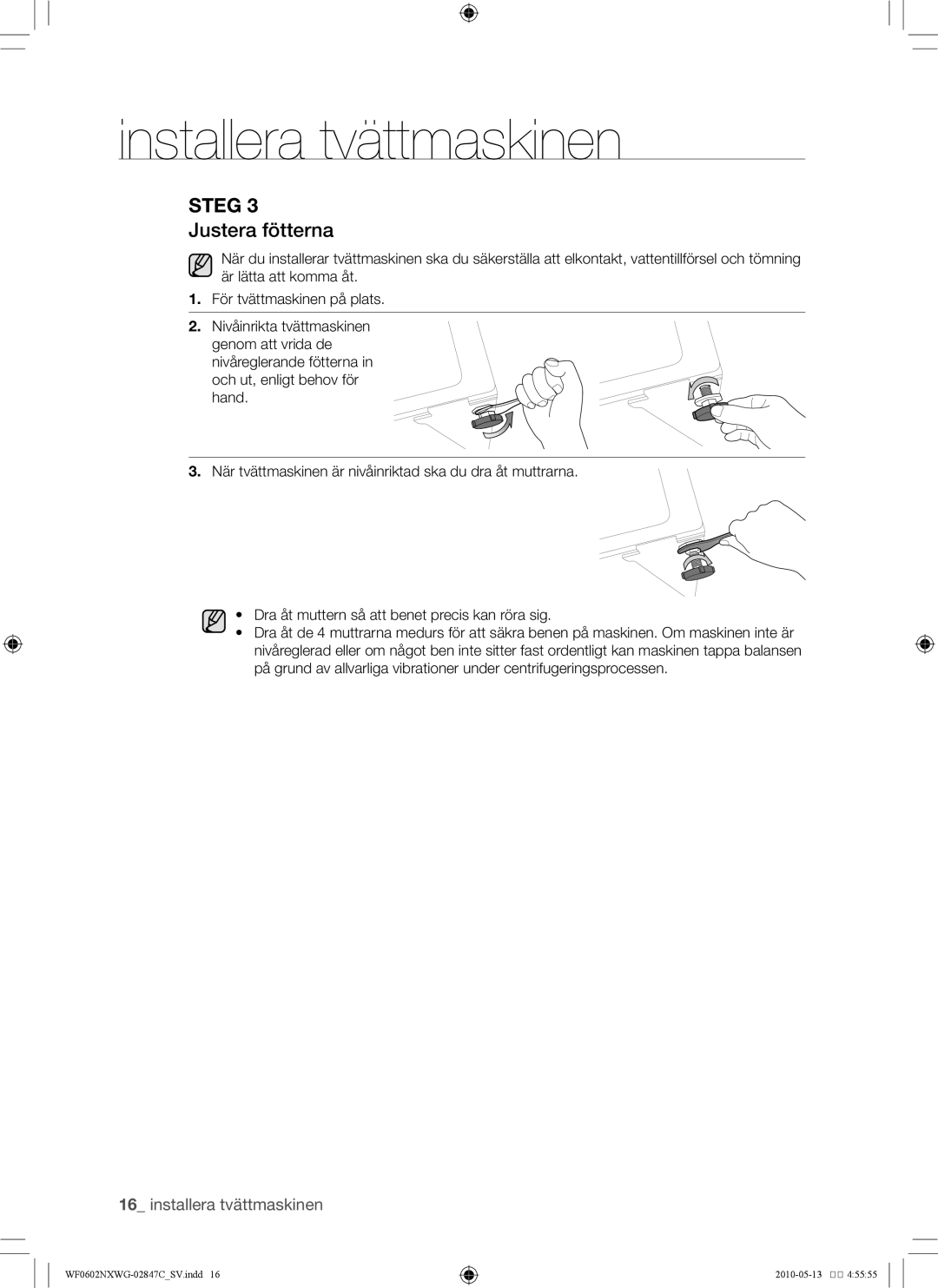 Samsung WF0500NXWG/XEE, WF0602NXWG/XEE manual Justera fötterna 