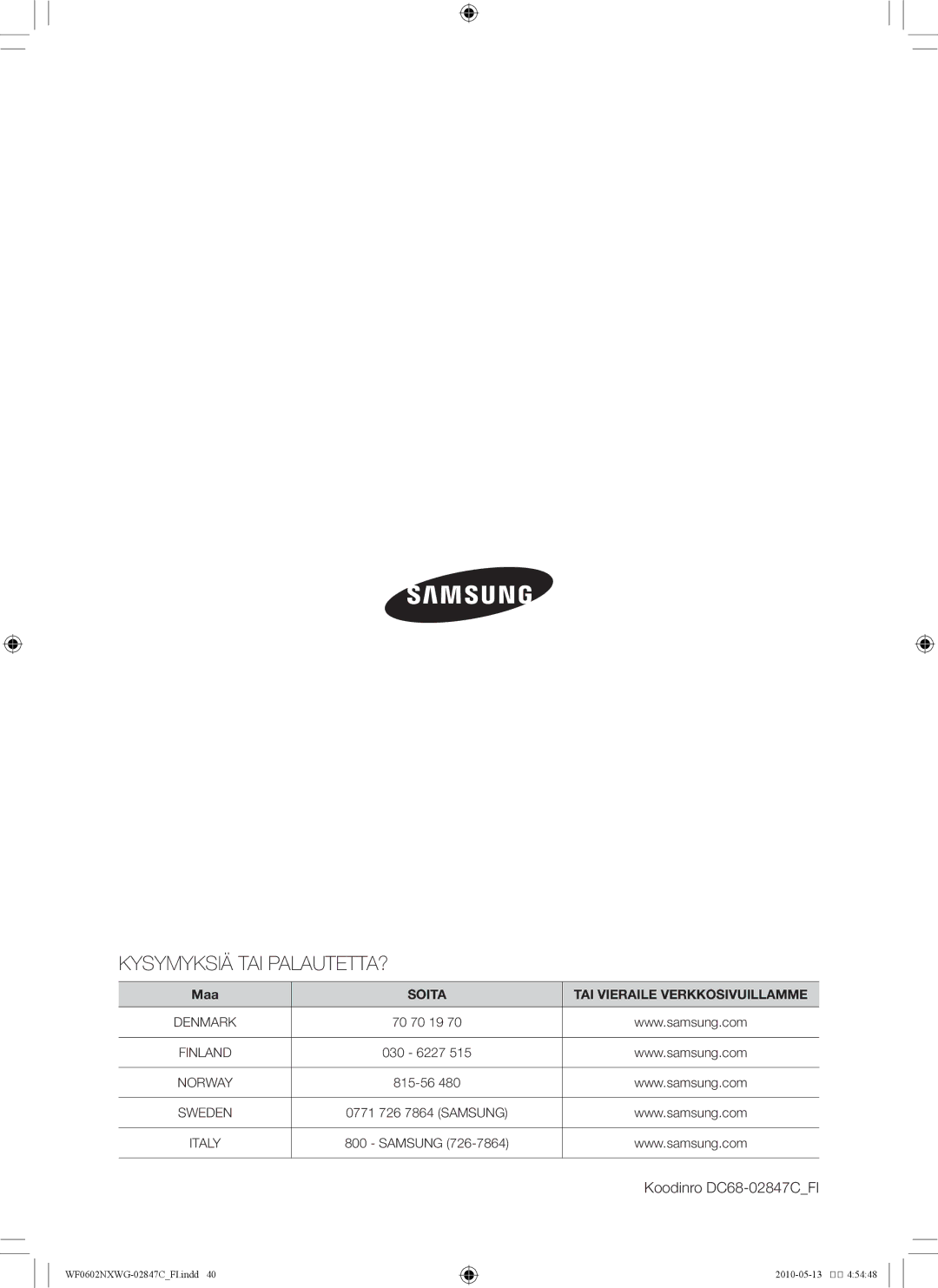 Samsung WF0500NXWG/XEE, WF0602NXWG/XEE manual Kysymyksiä TAI PALAUTETTA? 