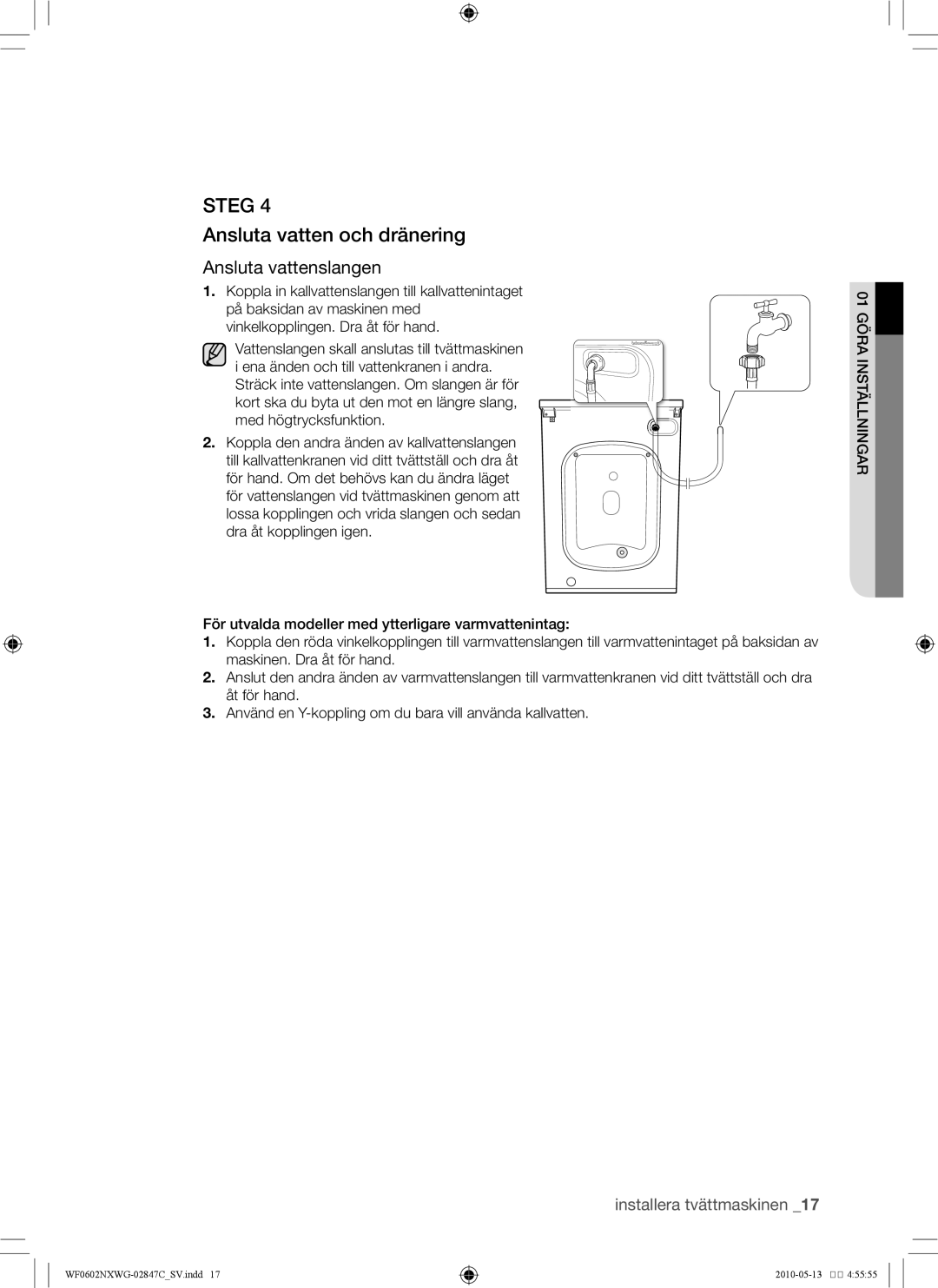 Samsung WF0602NXWG/XEE, WF0500NXWG/XEE manual Ansluta vatten och dränering, Ansluta vattenslangen 