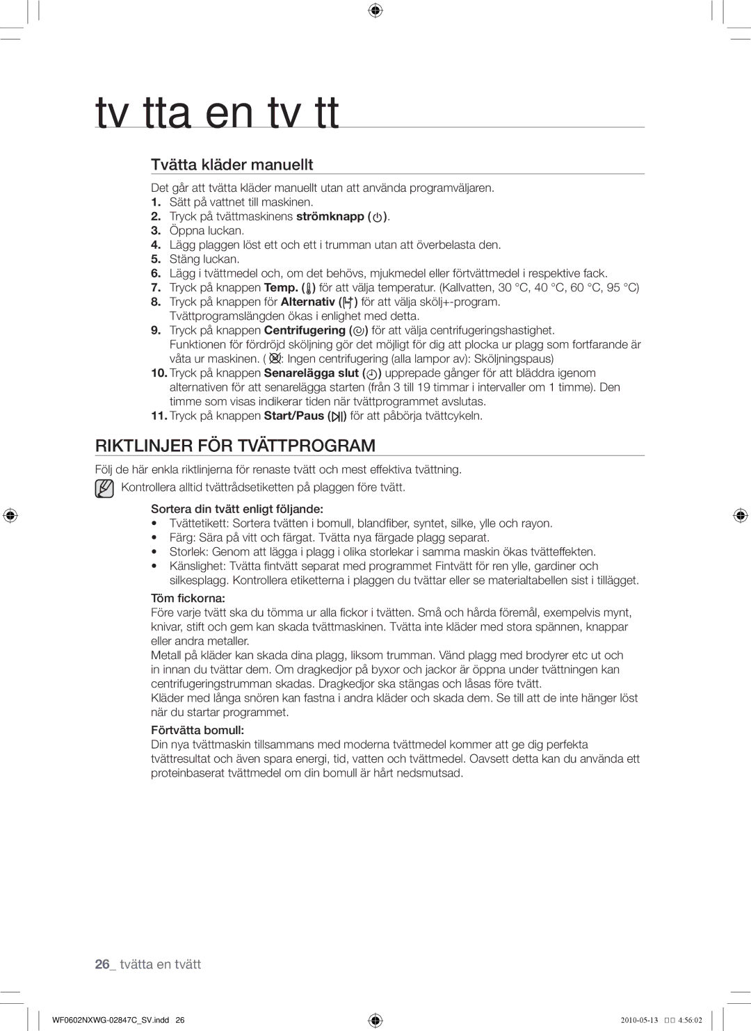 Samsung WF0500NXWG/XEE, WF0602NXWG/XEE manual Riktlinjer för tvättprogram, Tvätta kläder manuellt 