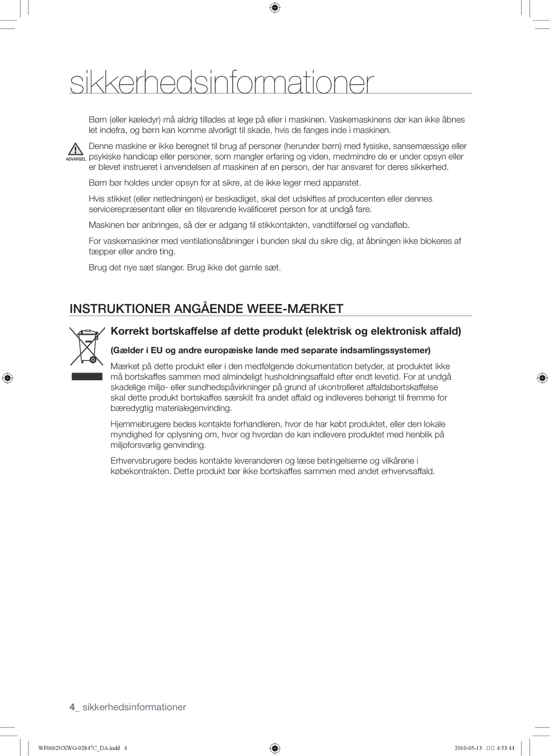 Samsung WF0500NXWG/XEE, WF0602NXWG/XEE manual Instruktioner angående WEEE-mærket 