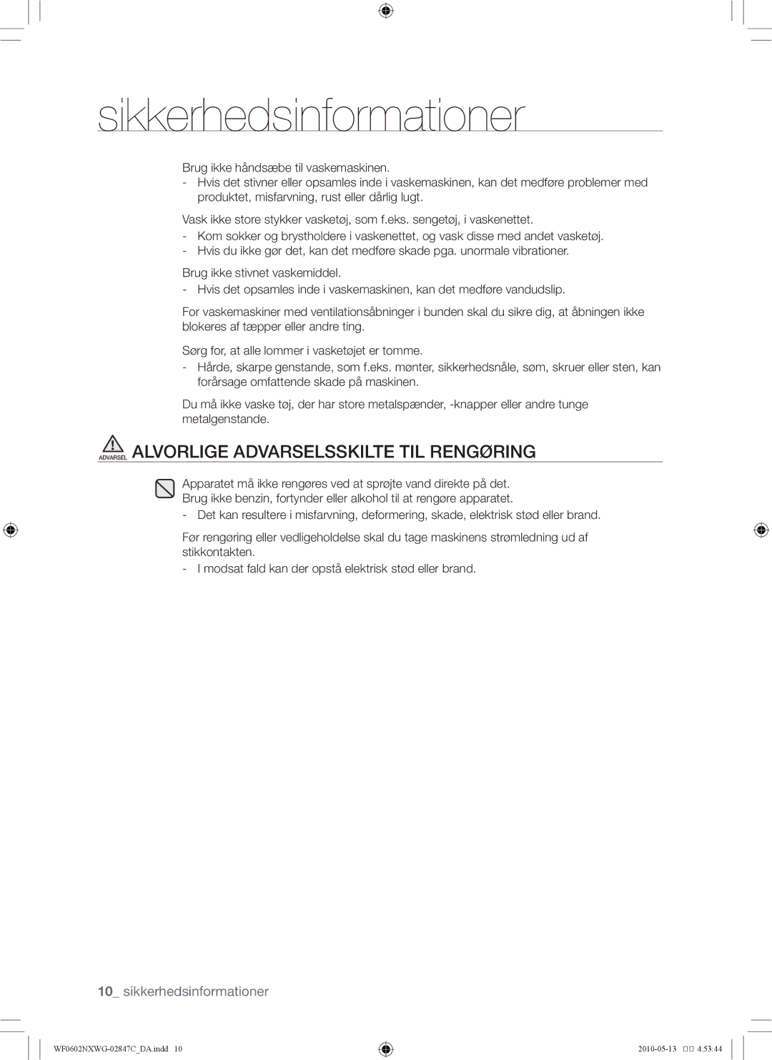 Samsung WF0500NXWG/XEE, WF0602NXWG/XEE manual Sikkerhedsinformationer 