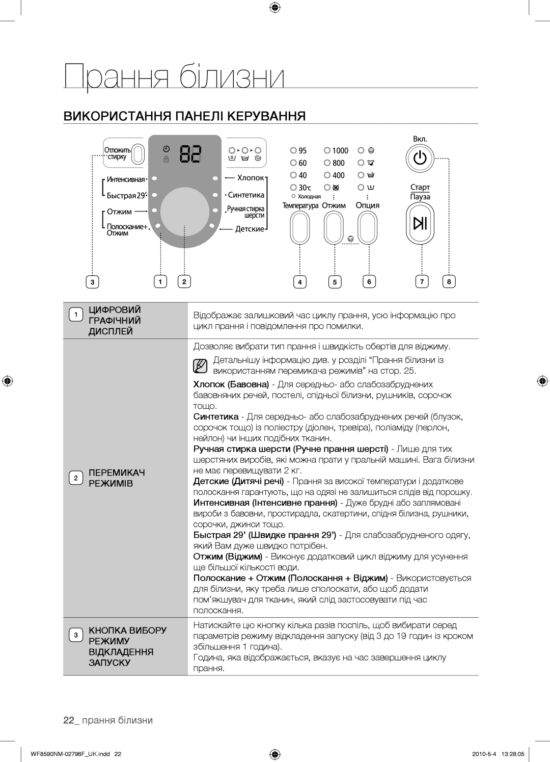 Samsung WF0500NZW/YLP, WF0500NYW/YLP, WF0500SYV/YLP, WF0508NYW/YLP manual Використання Панелі Керування, 22 прання білизни 