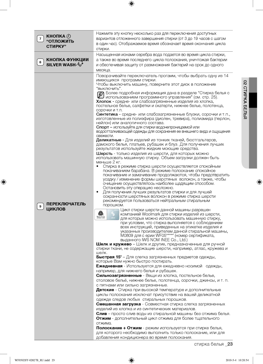 Samsung WF0502SYV/YLP Очищение осуществлялось наиболее щадящим способом, Остановить эту операцию несложно, Порошком, Шелк 