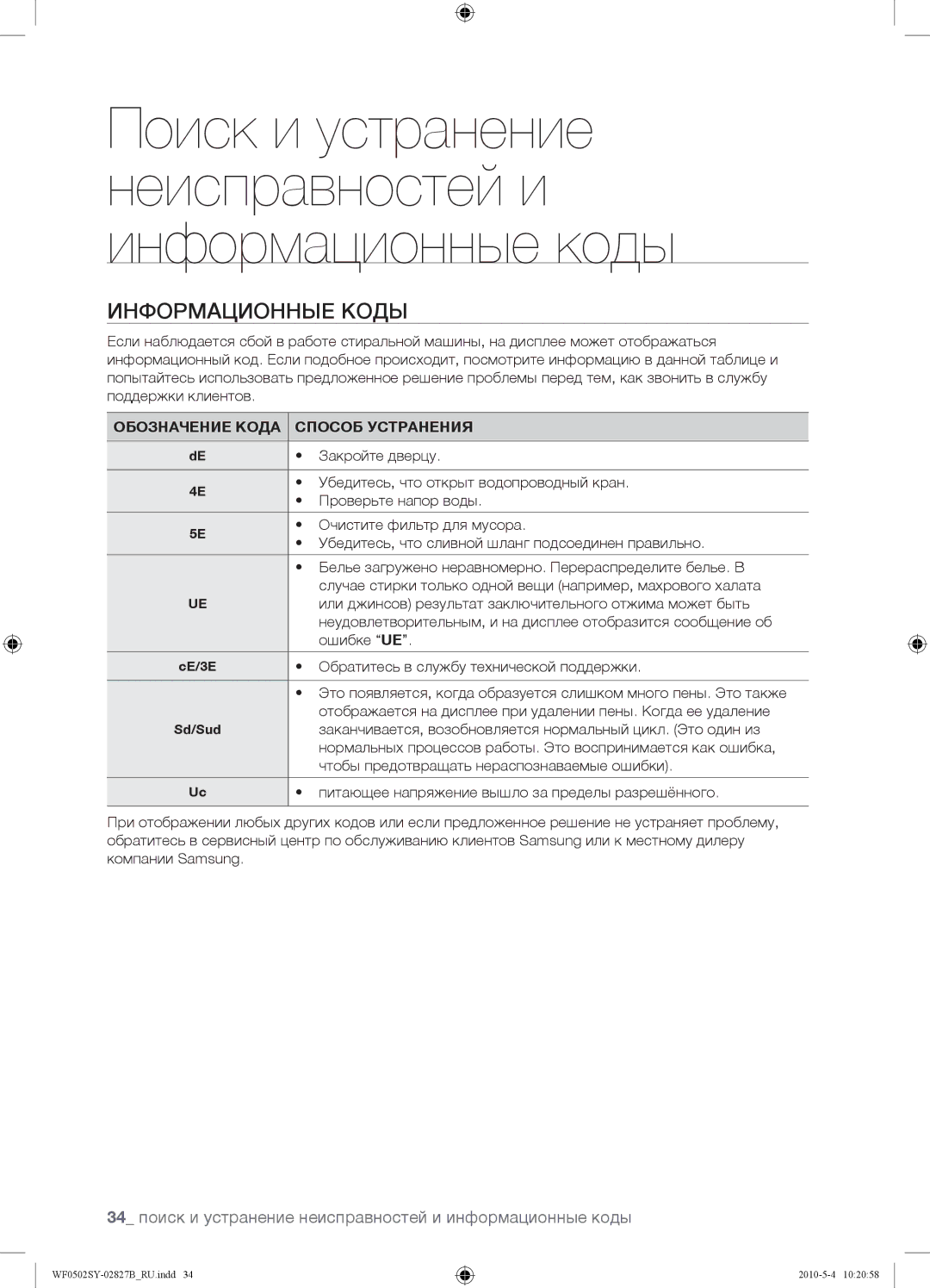 Samsung WF0502SYV/YLP manual Информационные Коды, 34 поиск и устранение неисправностей и информационные коды 