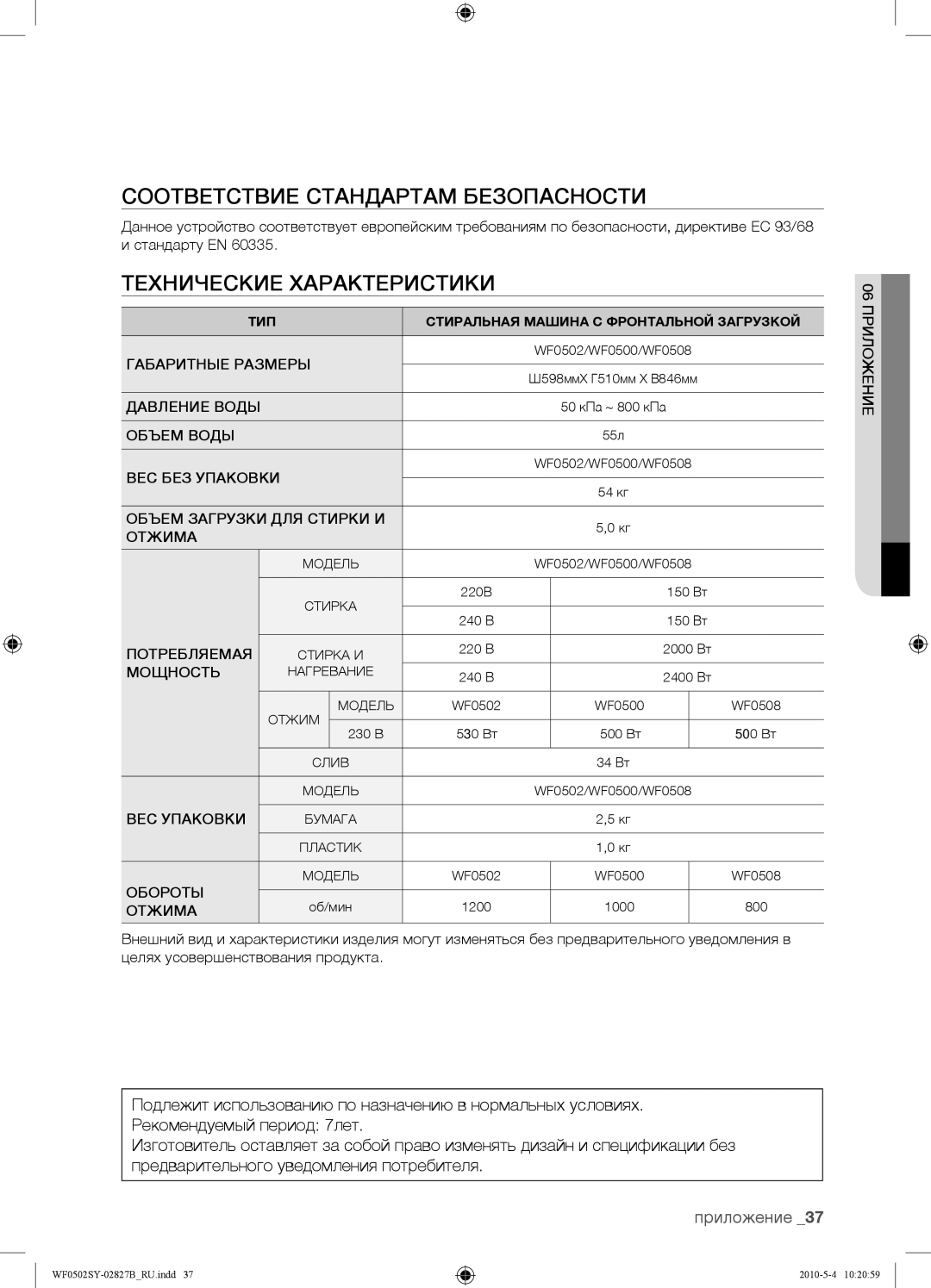 Samsung WF0502SYV/YLP manual Соответствие Стандартам Безопасности, Технические Характеристики, Приложение 