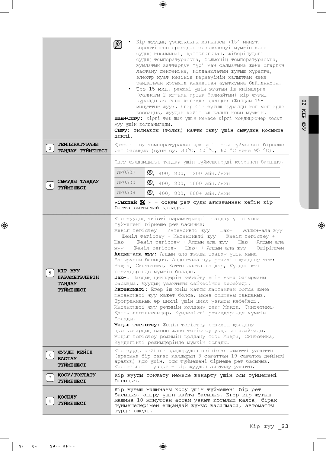 Samsung WF0500NZW/YLP, WF0508NZW/YLP manual Сығуды Таңдау 