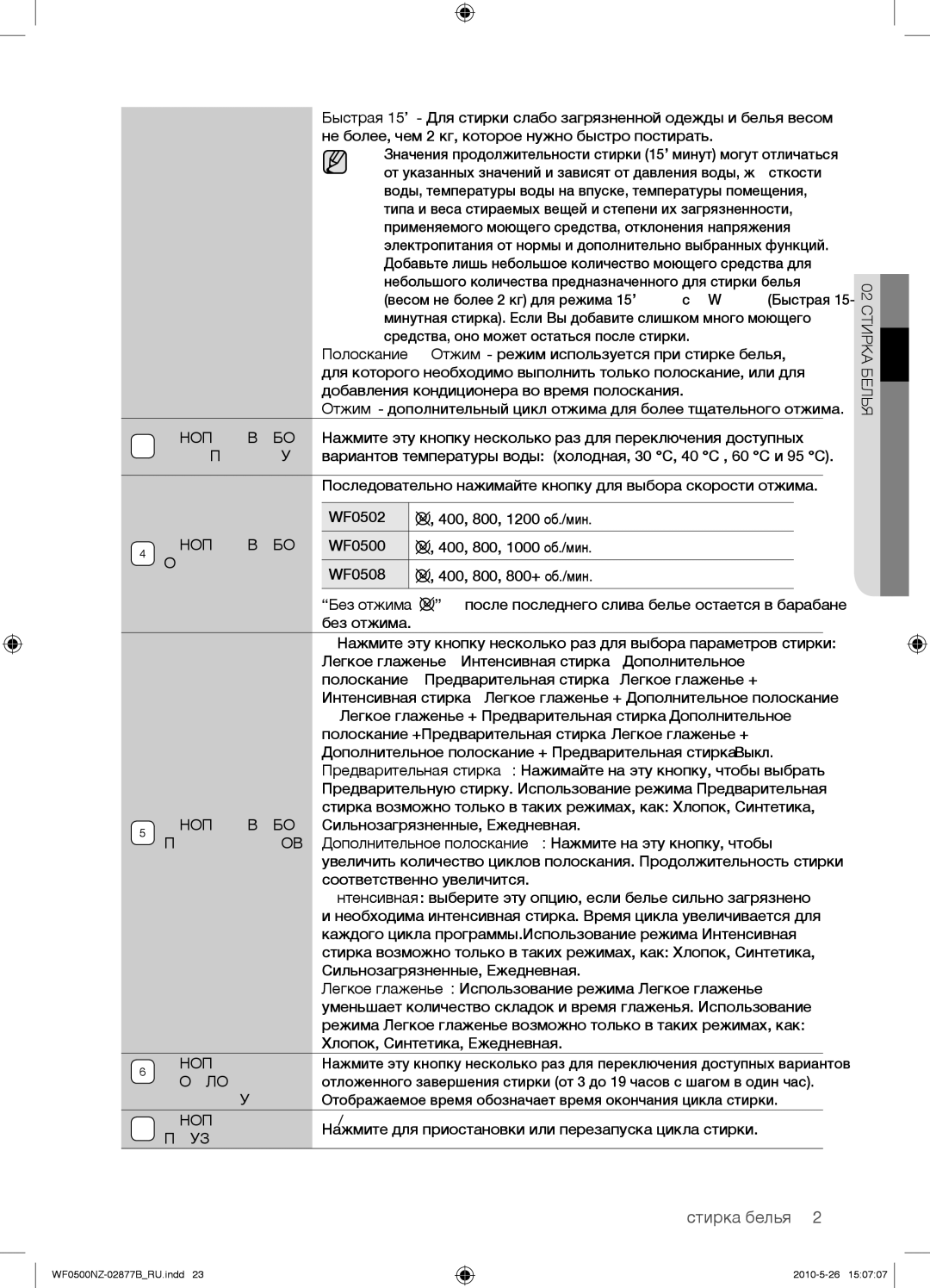 Samsung WF0500NZW/YLP, WF0508NZW/YLP manual Кнопка Выбора 