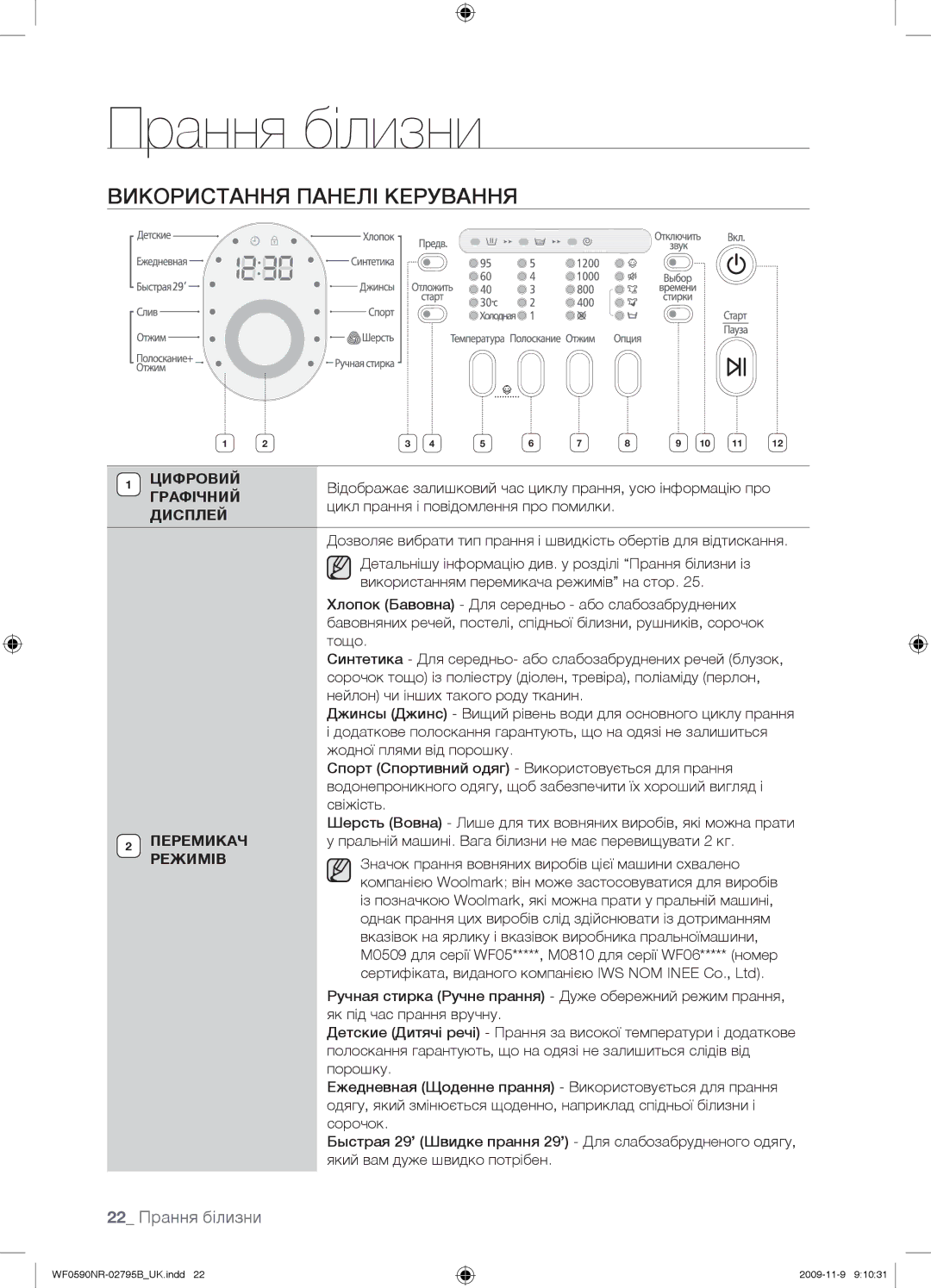 Samsung WF0590NRW/YLP, WF0690NRW/YLP manual Використання Панелі Керування, 22 Прання білизни 