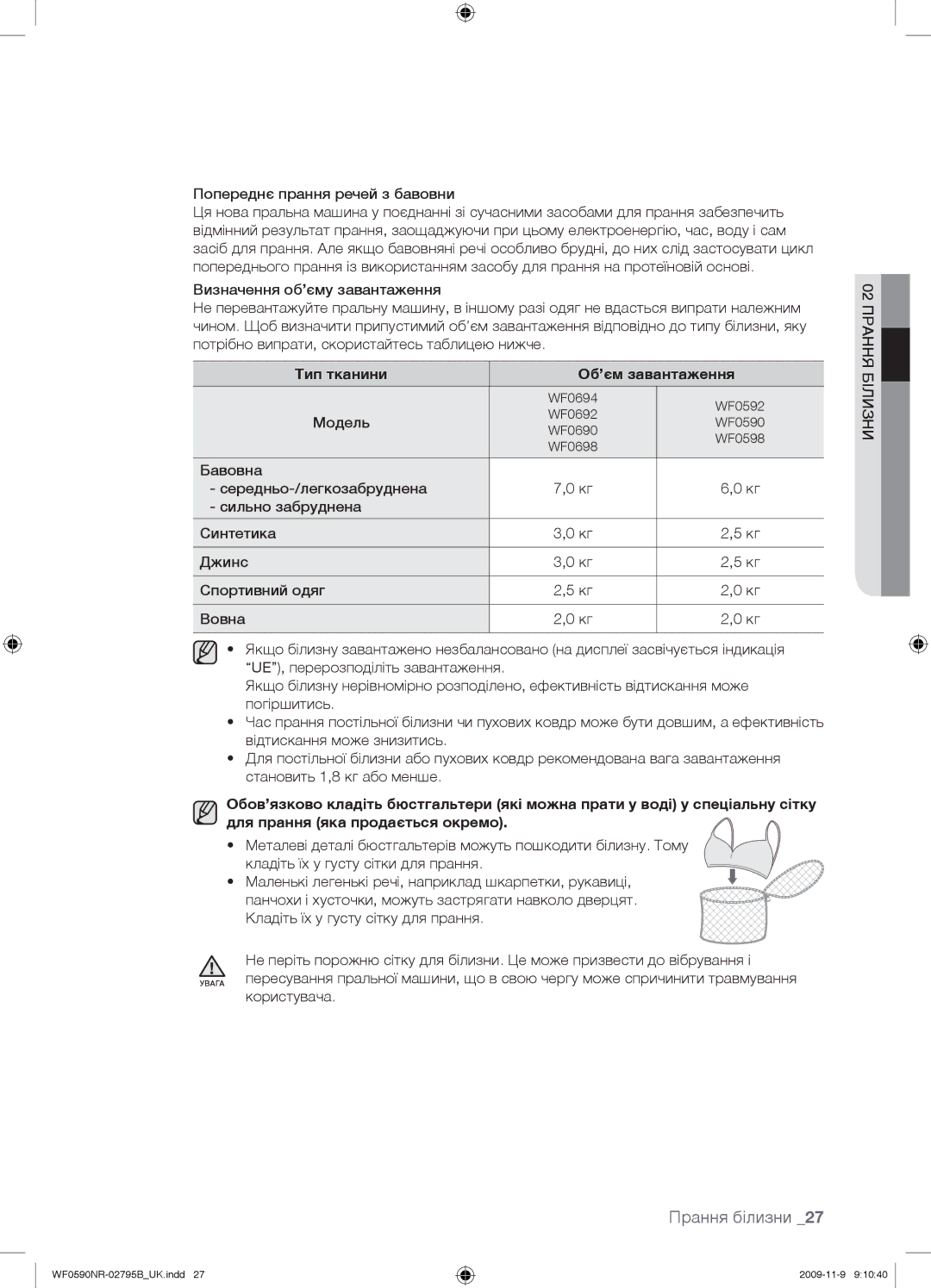 Samsung WF0690NRW/YLP, WF0590NRW/YLP manual Попереднє прання речей з бавовни, Тип тканини Об’єм завантаження 