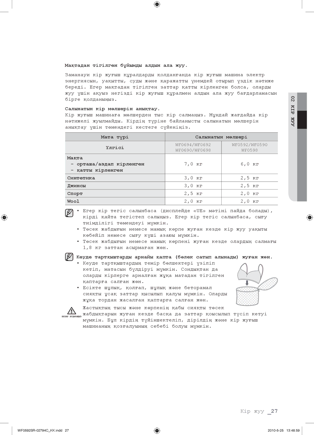 Samsung WF0592SRK/YLP manual Мақтадан тігілген бұйымды алдын ала жуу, Салынатын кір мөлшерін анықтау 