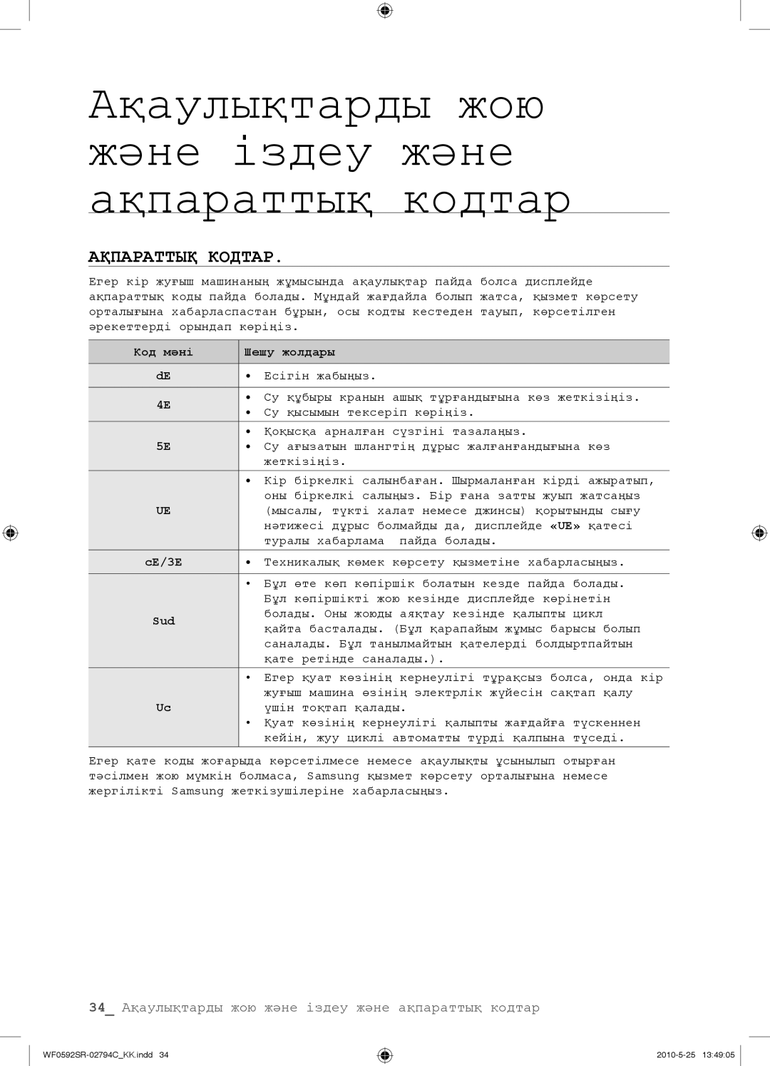 Samsung WF0592SRK/YLP manual Ақпараттық Кодтар, Код мəні Шешу жолдары, CE/3E, Sud 