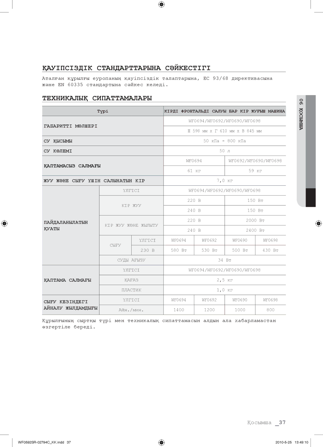 Samsung WF0592SRK/YLP manual Қауіпсіздік Стандарттарына Сəйкестігі, Техникалық Сипаттамалары 