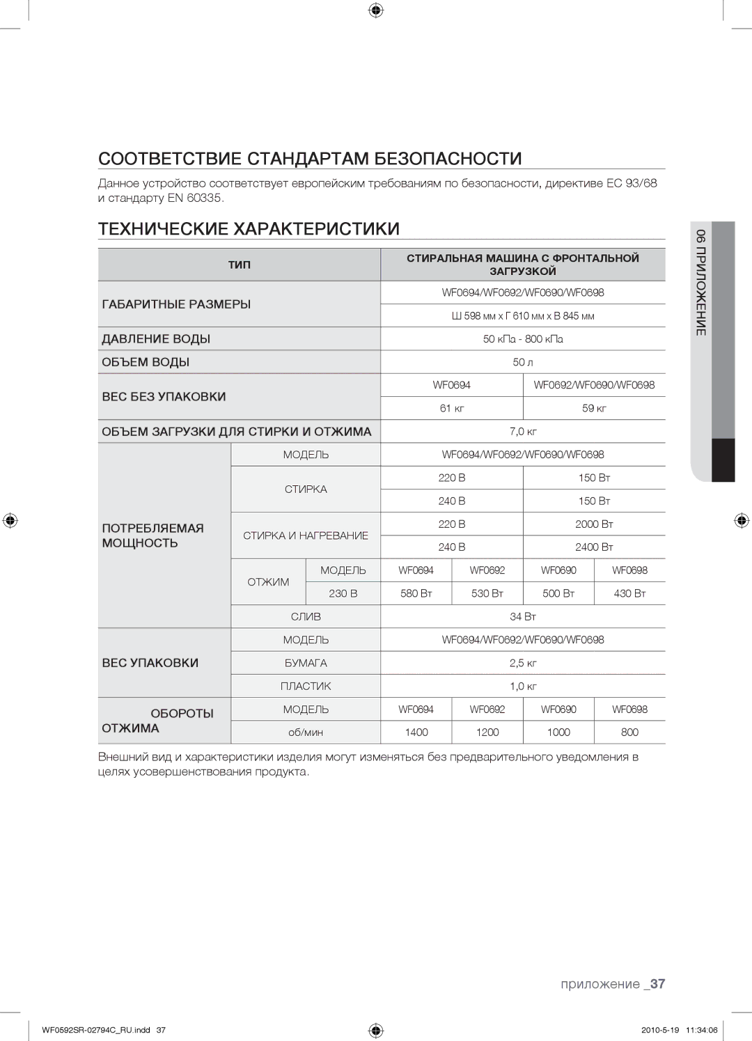 Samsung WF0592SRK/YLP manual Соответствие Стандартам Безопасности, Технические Характеристики, Приложение 