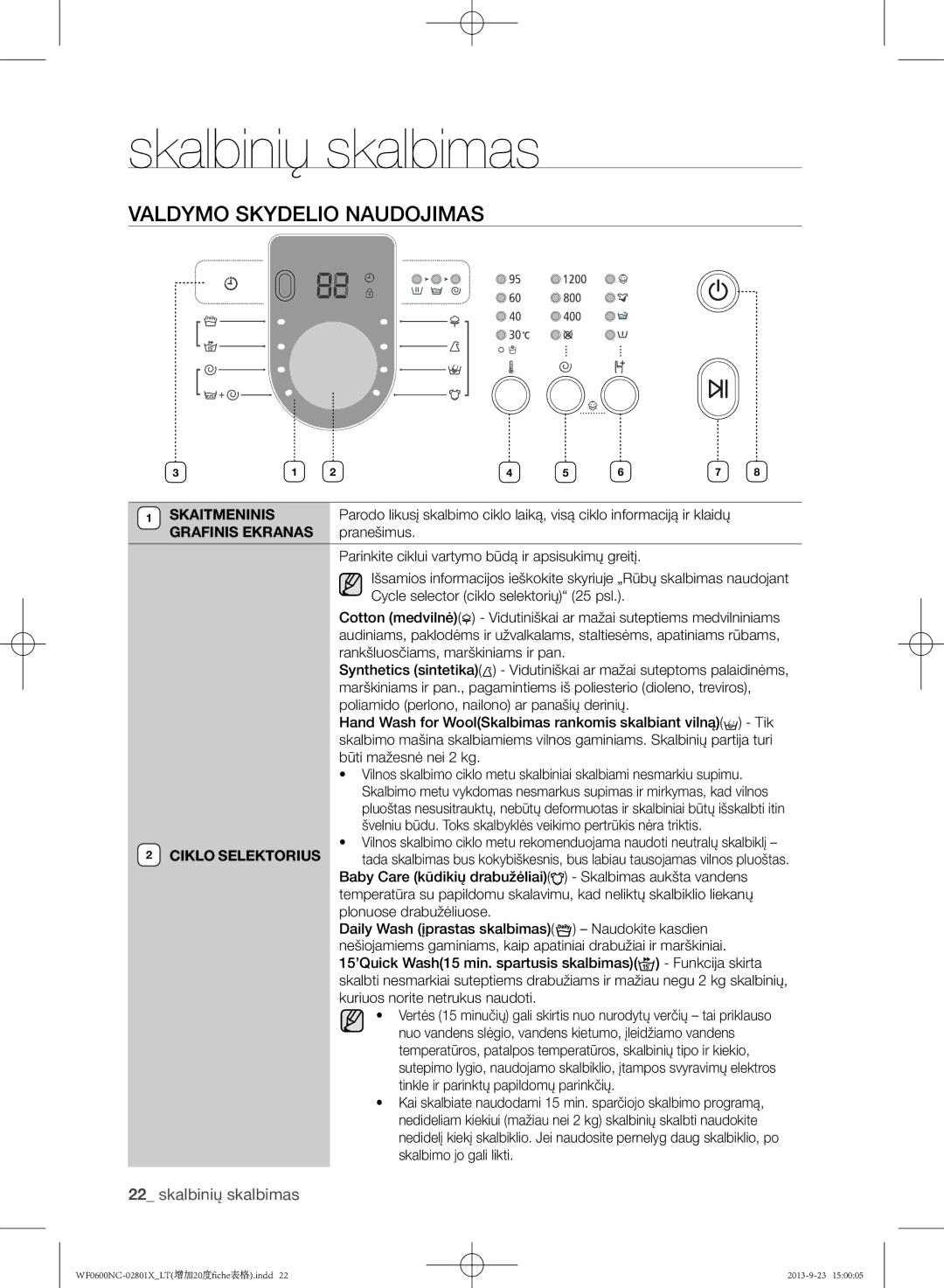 Samsung WF0600NCW/YLE manual Valdymo skydelio naudojimas, Rankšluosčiams, marškiniams ir pan, Būti mažesnė nei 2 kg 