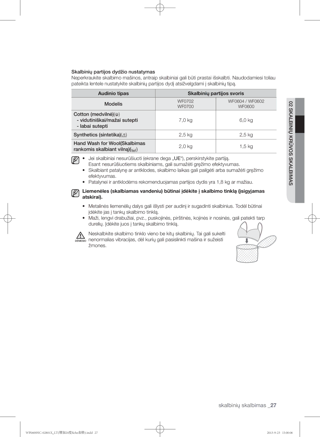 Samsung WF0602NCE/YLE, WF0600NCW/YLE manual Skalbinių partijos dydžio nustatymas, Modelis 