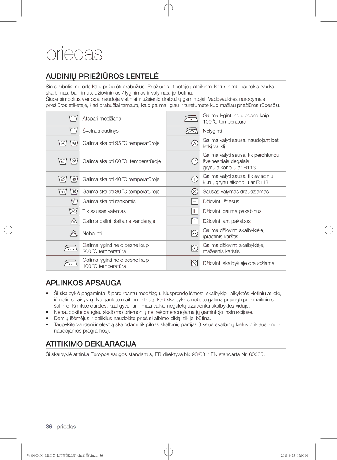 Samsung WF0600NCW/YLE, WF0602NCE/YLE manual Priedas, Audinių priežiūros lentelė, Aplinkos apsauga, Atitikimo deklaracija 