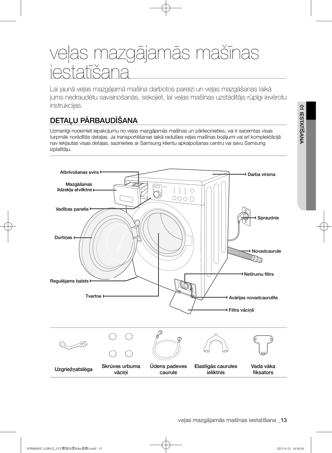 Samsung WF0602NCE/YLE, WF0600NCW/YLE manual Veļas mazgājamās mašīnas iestatīšana, Detaļu pārbaudīšana 