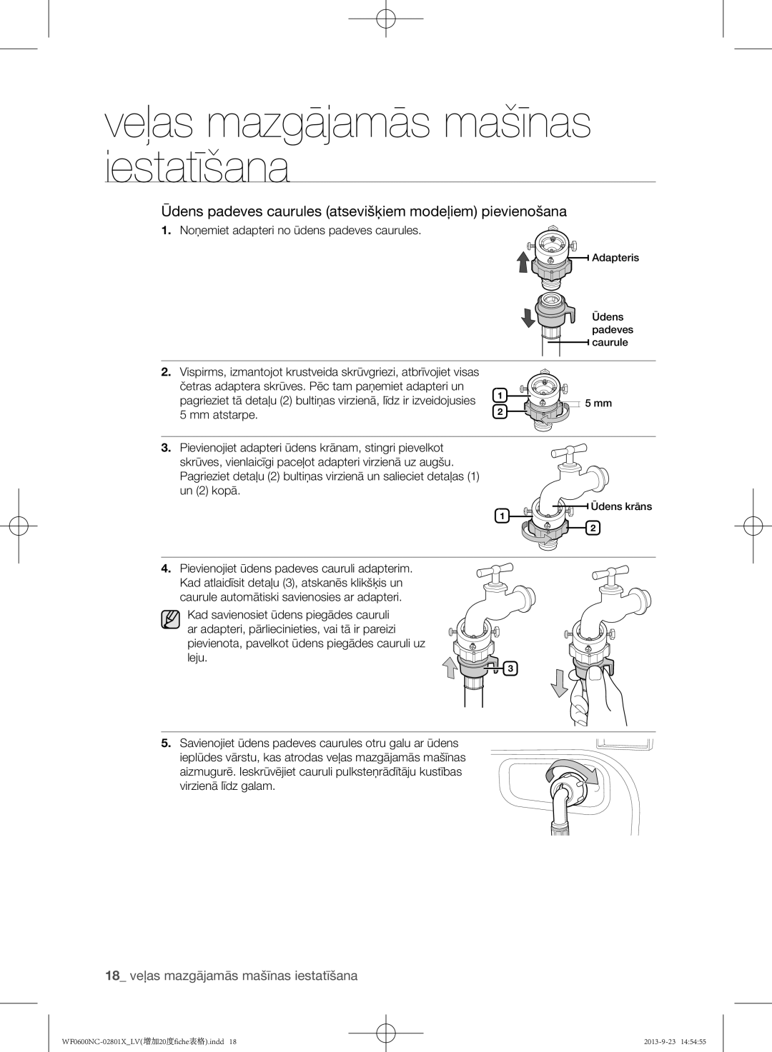 Samsung WF0600NCW/YLE manual 18 veļas mazgājamās mašīnas iestatīšana, Četras adaptera skrūves. Pēc tam paņemiet adapteri un 