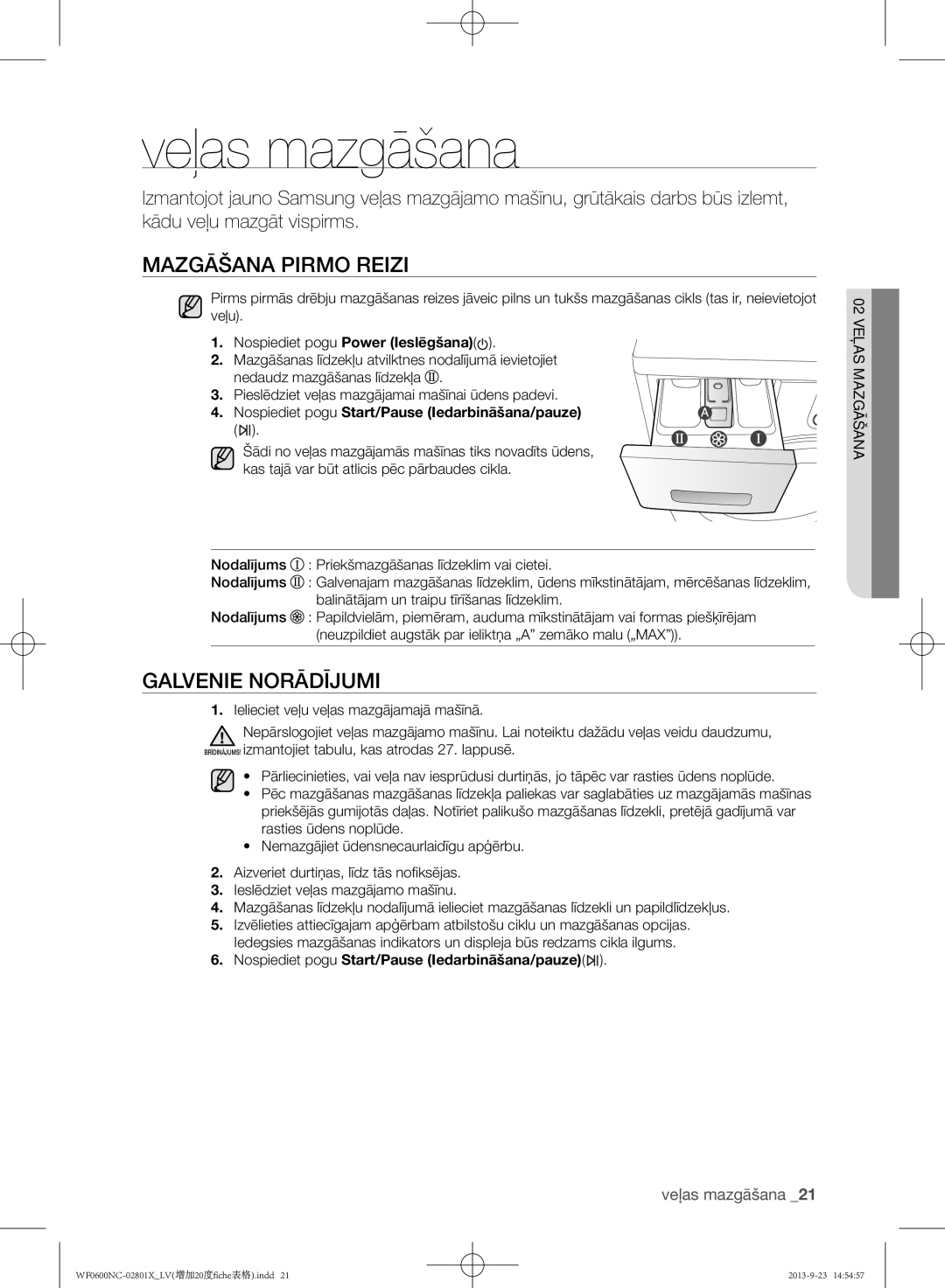 Samsung WF0602NCE/YLE, WF0600NCW/YLE manual Veļas mazgāšana, Mazgāšana pirmo reizi, Galvenie norādījumi 