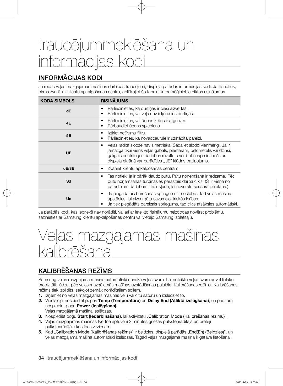 Samsung WF0600NCW/YLE, WF0602NCE/YLE manual Veļas mazgājamās mašīnas kalibrēšana, Informācijas kodi, Kalibrēšanas režīms 