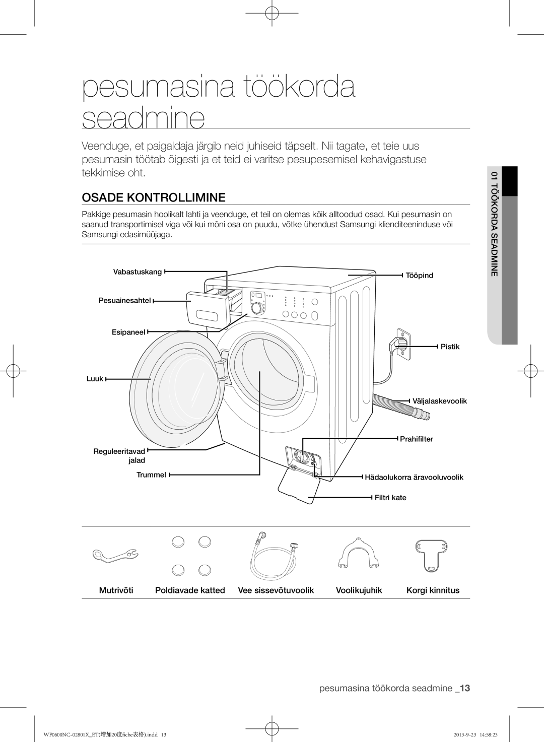 Samsung WF0602NCE/YLE, WF0600NCW/YLE manual Pesumasina töökorda seadmine, Osade kontrollimine 