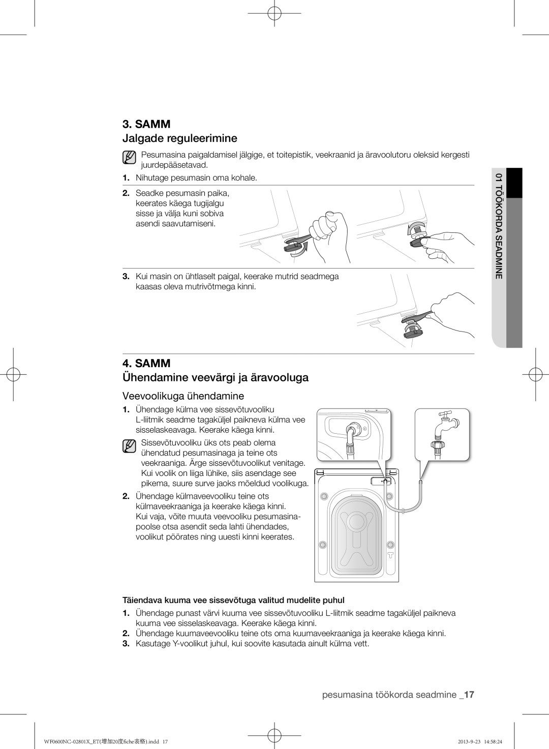 Samsung WF0602NCE/YLE, WF0600NCW/YLE manual Jalgade reguleerimine, Ühendamine veevärgi ja äravooluga 