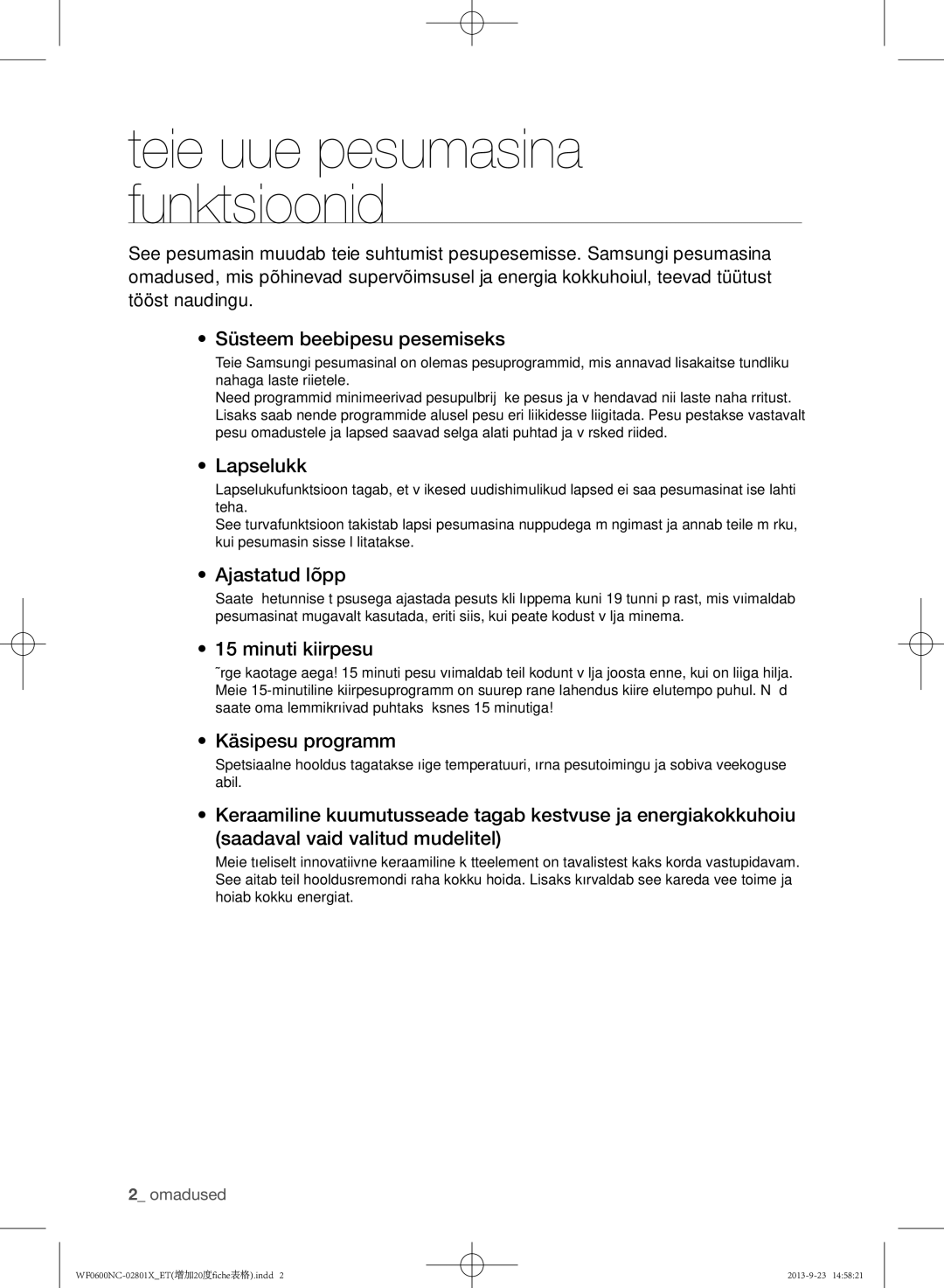 Samsung WF0600NCW/YLE, WF0602NCE/YLE manual Lapselukk, Ajastatud lõpp, Minuti kiirpesu, Käsipesu programm 