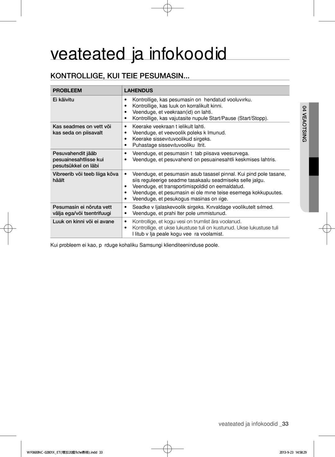 Samsung WF0602NCE/YLE, WF0600NCW/YLE manual Veateated ja infokoodid, Kontrollige, kui teie pesumasin, 04veaotsing 