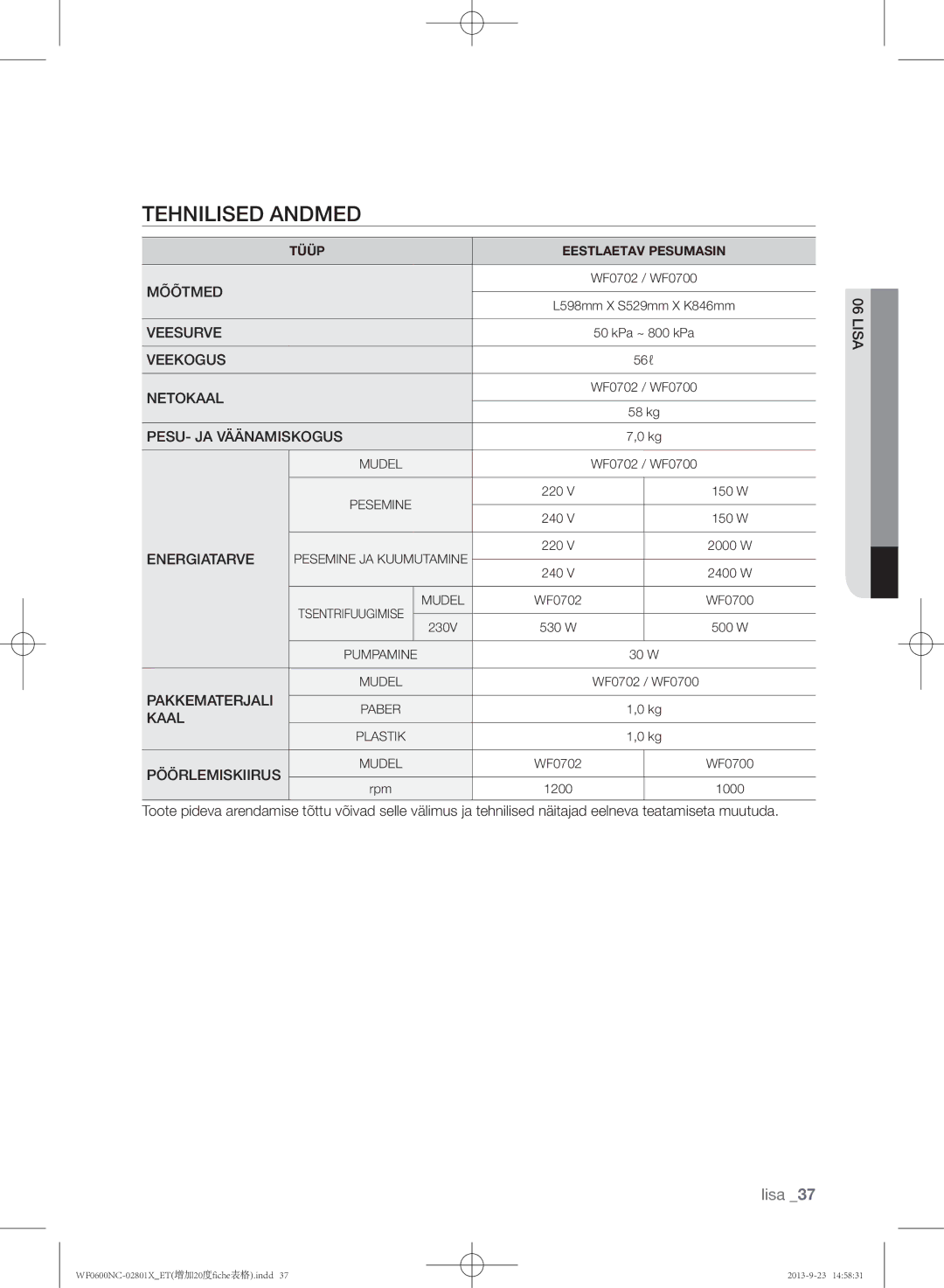 Samsung WF0602NCE/YLE, WF0600NCW/YLE manual Tehnilised andmed, Energiatarve 