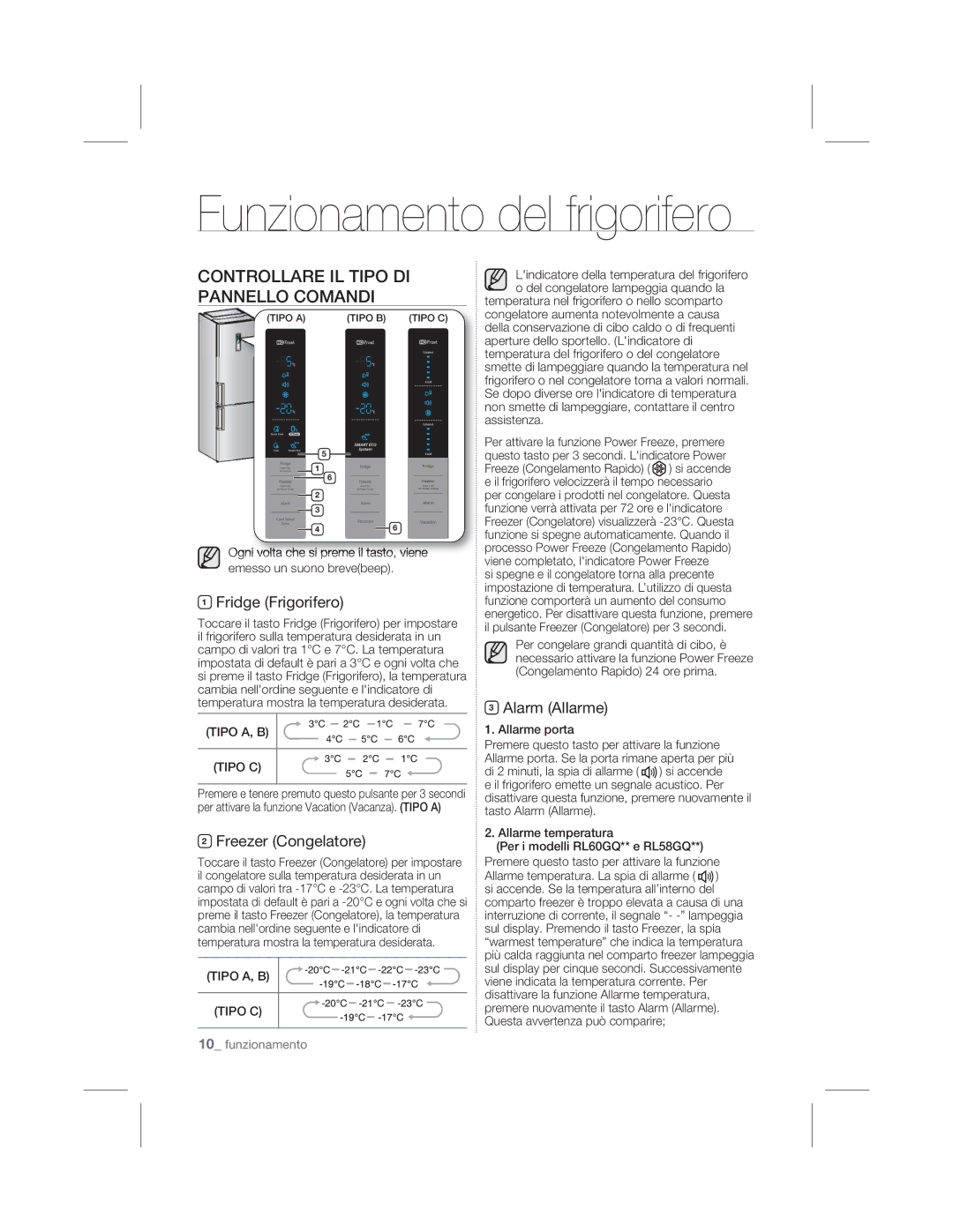 Samsung RL39THCTS1/XES manual Controllare IL Tipo DI Pannello Comandi, Fridge Frigorifero, Freezer Congelatore 