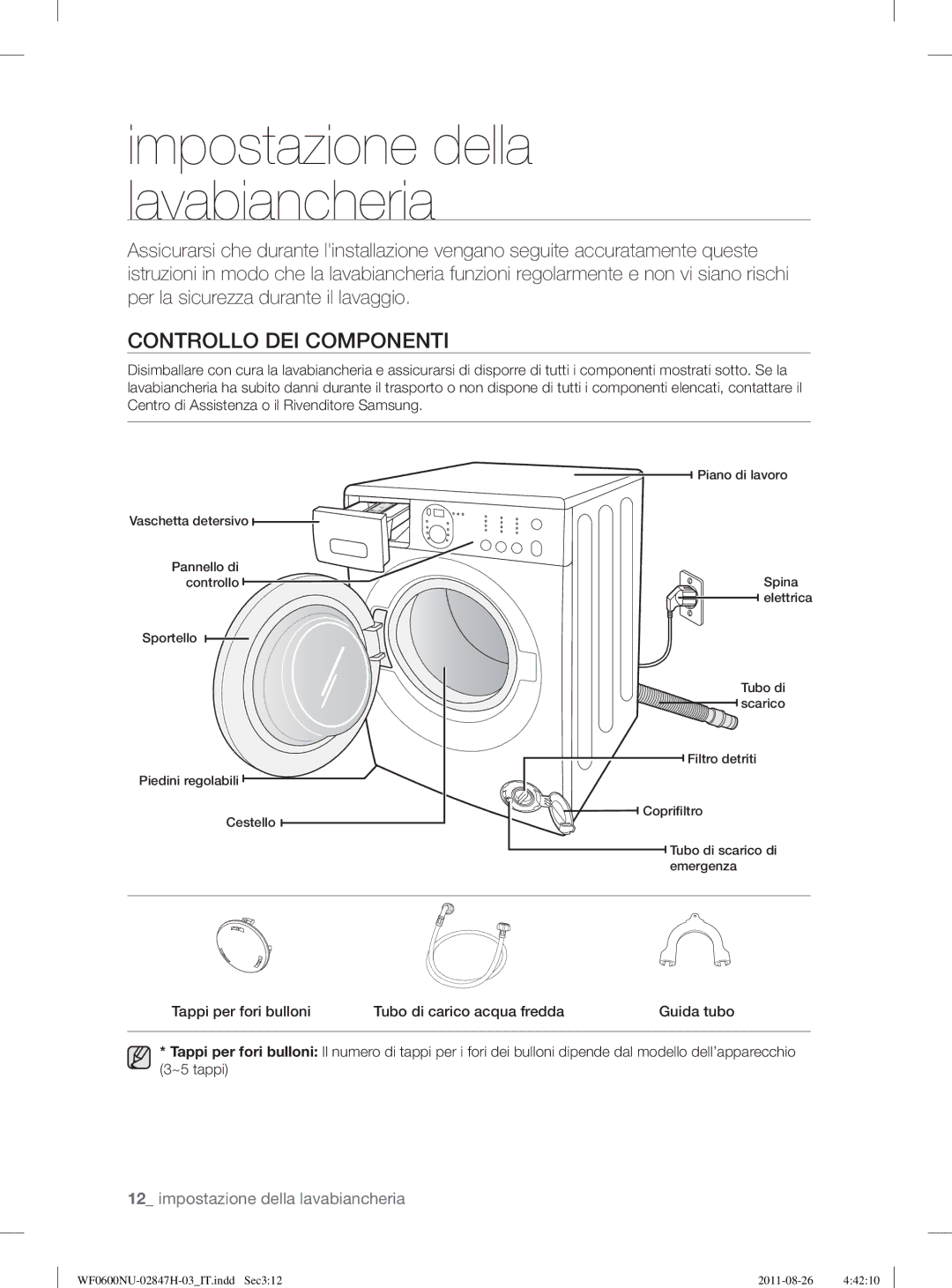 Samsung WF0600NUWG/XET, WF0602AUWG/XET manual Controllo DEI Componenti, Tappi per fori bulloni Tubo di carico acqua fredda 