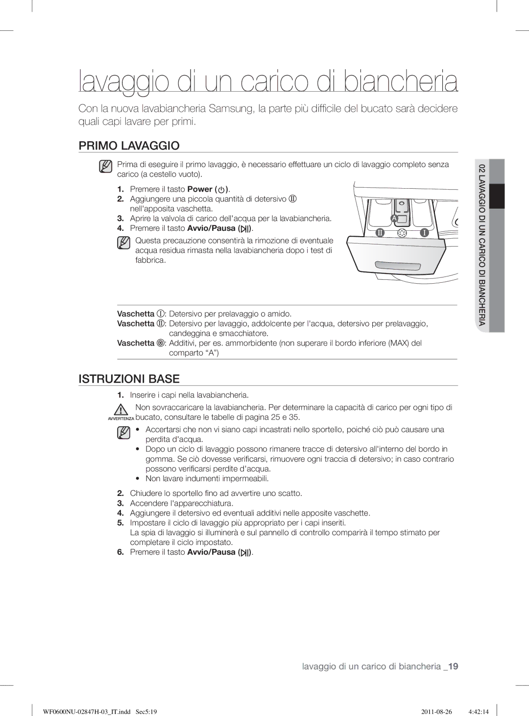 Samsung WF0602AUWG/XET, WF0600NUWG/XET manual Primo Lavaggio, Istruzioni Base, Premere il tasto Avvio/Pausa, Fabbrica 