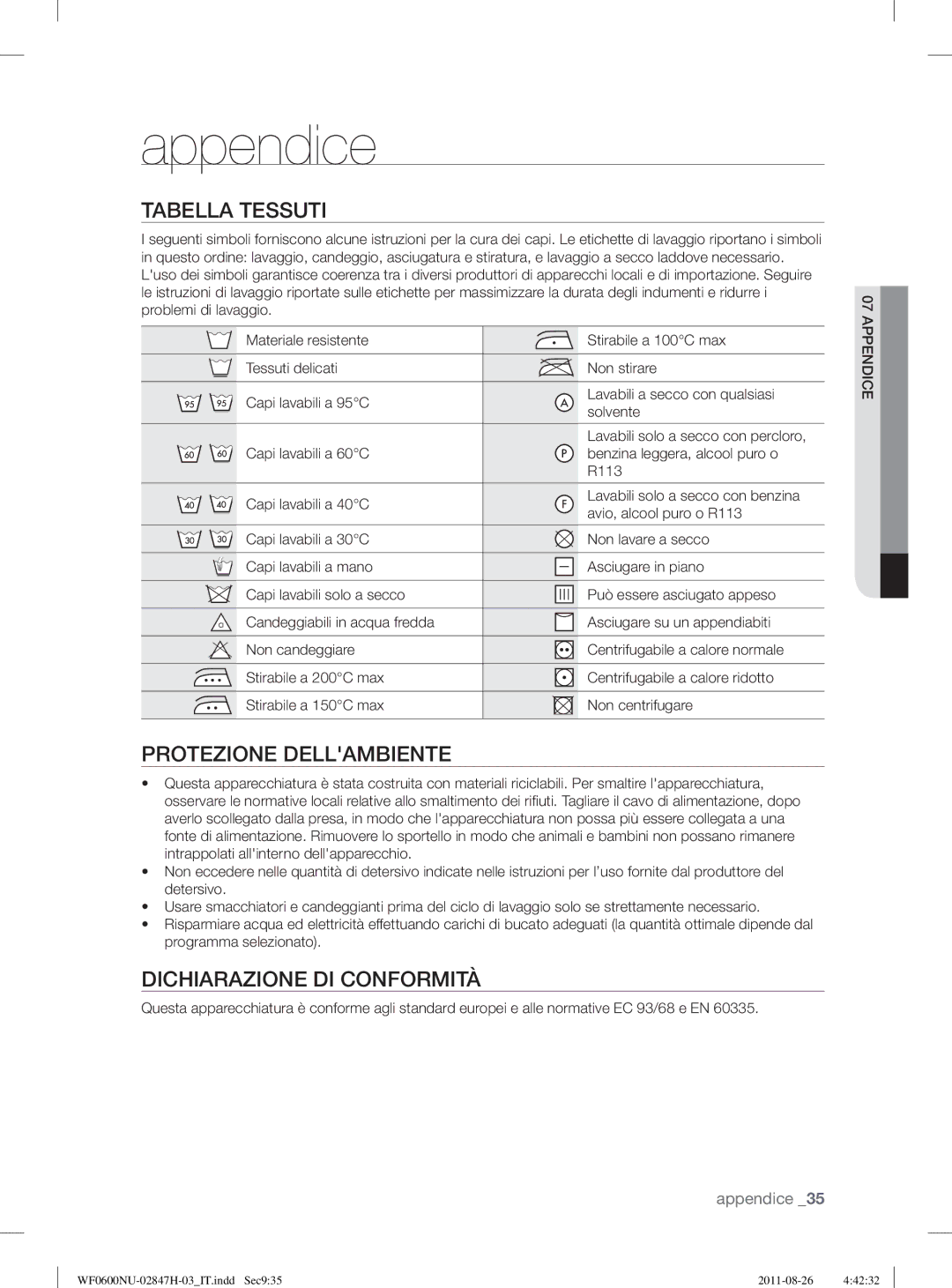 Samsung WF0602AUWG/XET, WF0600NUWG/XET Appendice, Tabella Tessuti, Protezione Dellambiente, Dichiarazione DI Conformità 