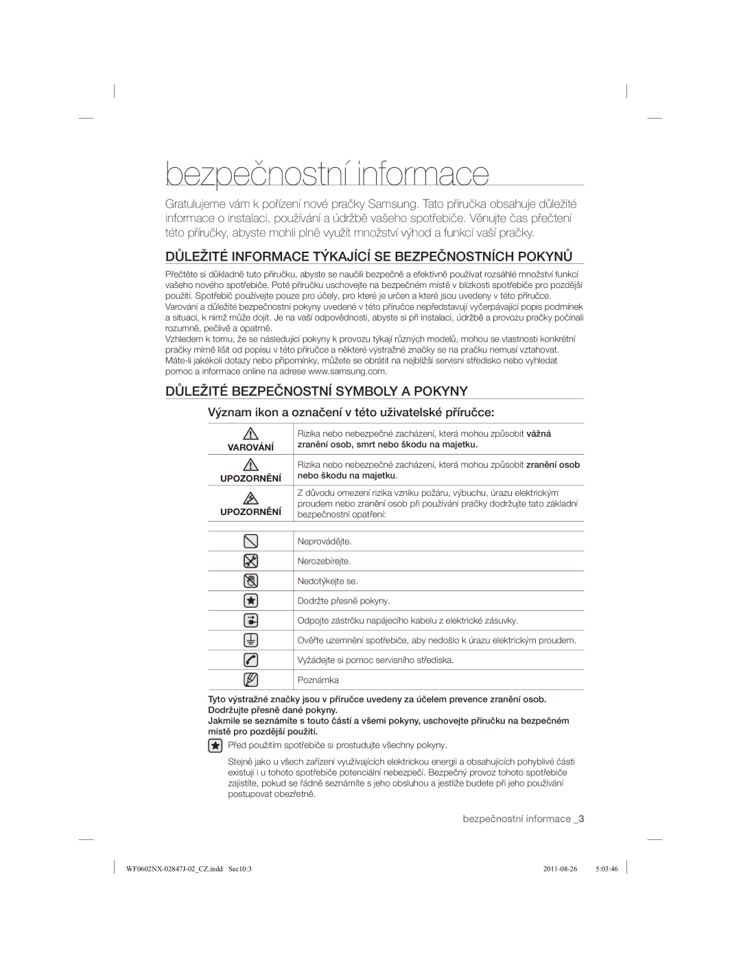 Samsung WF0500NUW/XEO, WF0600NXW/XEP manual Bezpečnostní informace, Důležité Informace Týkající SE Bezpečnostních Pokynů 