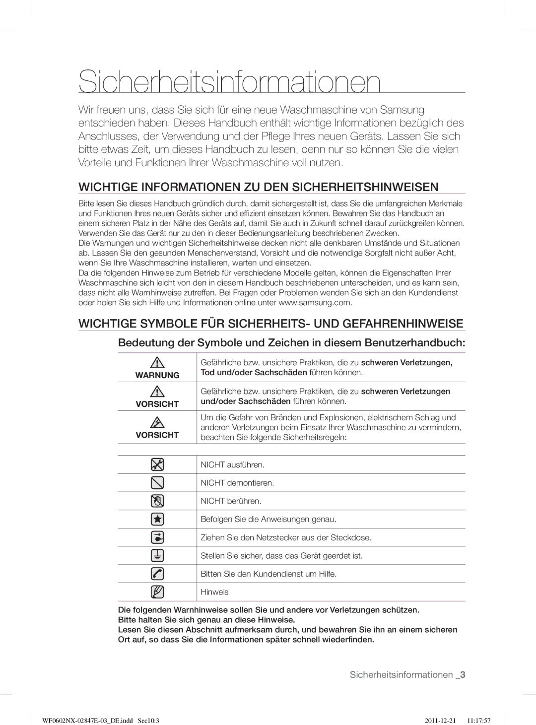 Samsung WF0602AUWG/XEG manual Sicherheitsinformationen, Wichtige Informationen ZU DEN Sicherheitshinweisen 