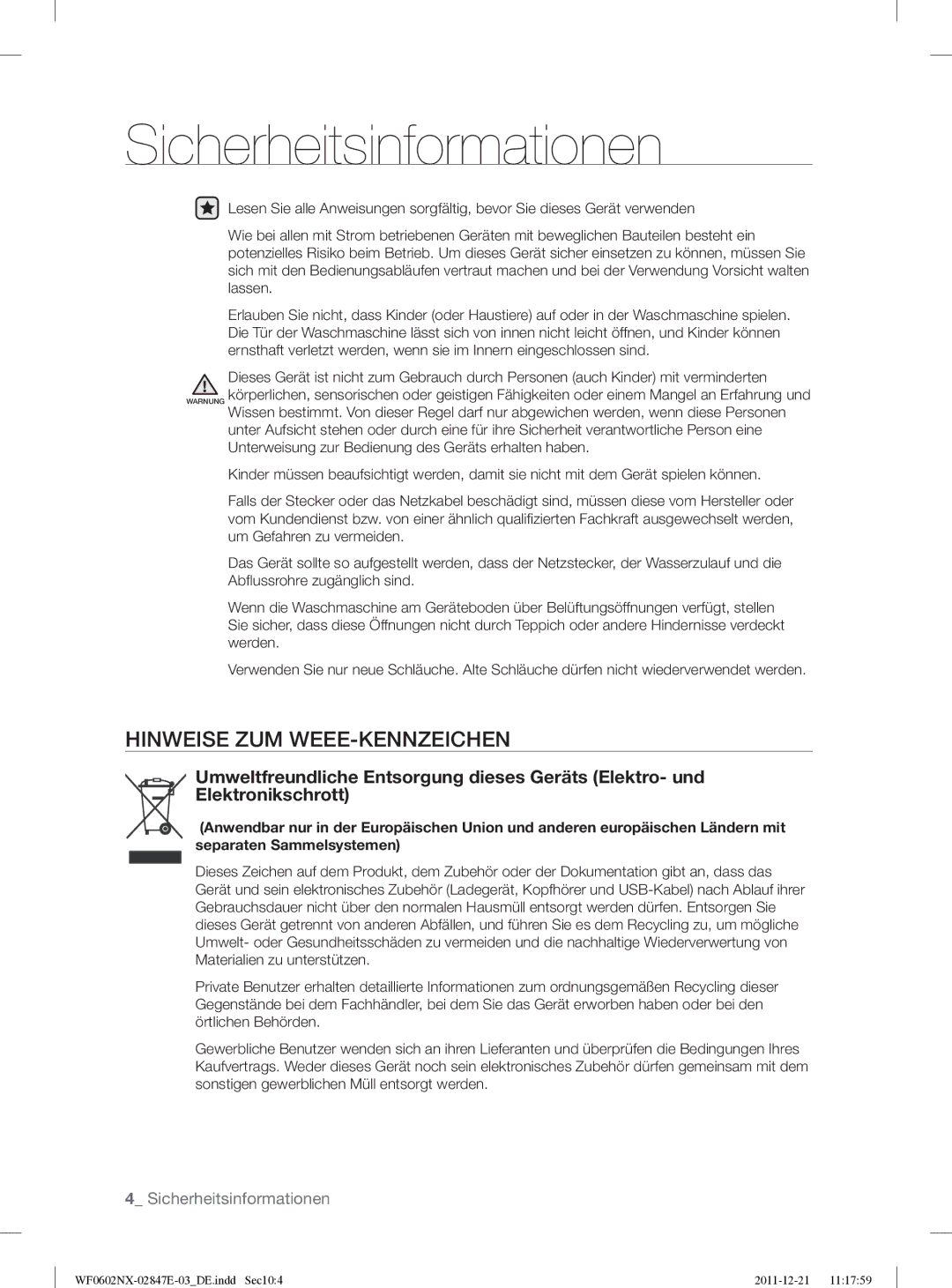 Samsung WF0602AUWG/XEG manual Hinweise ZUM WEEE-KENNZEICHEN 